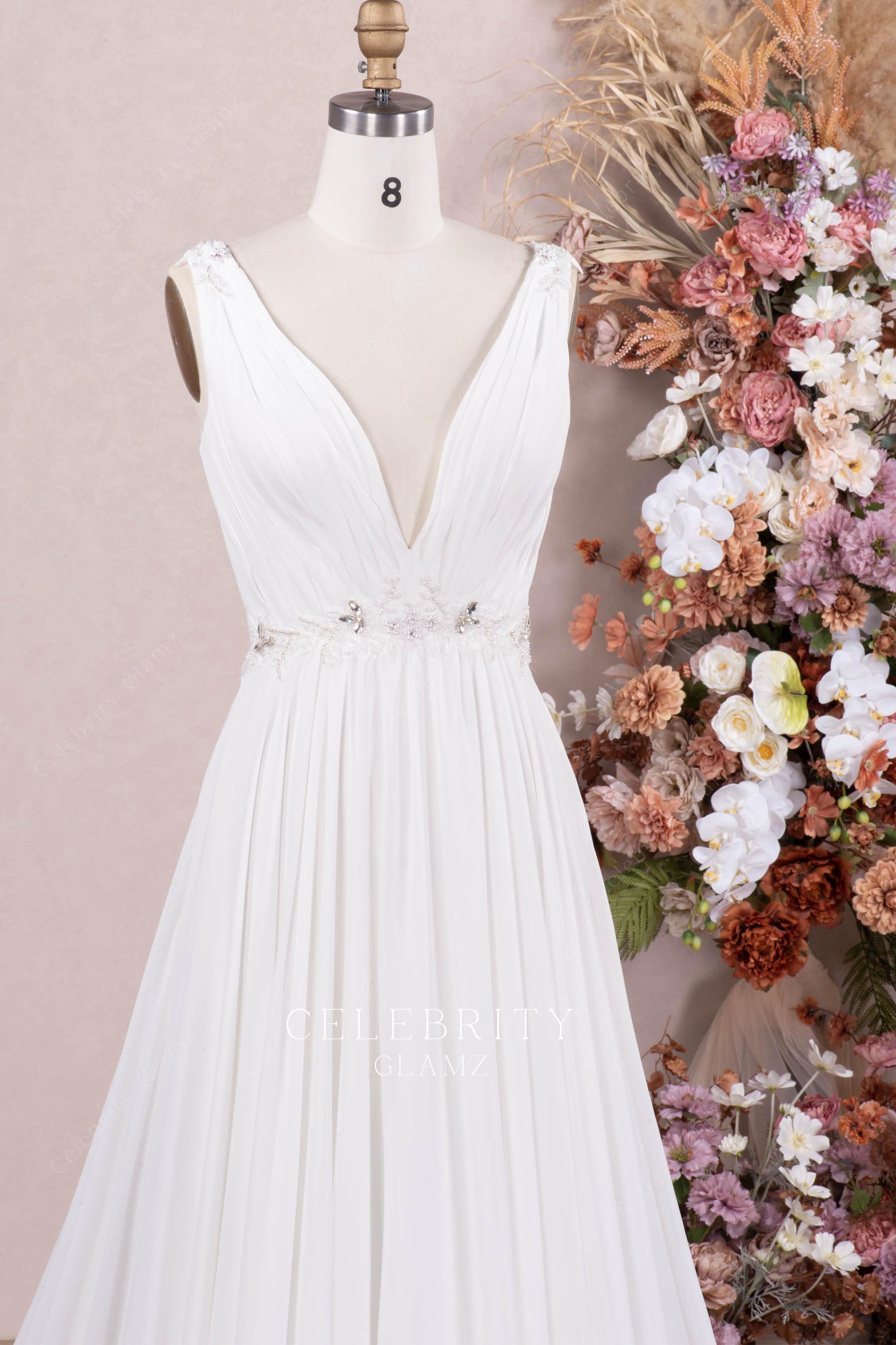 white pleated chiffon a line bridal dress