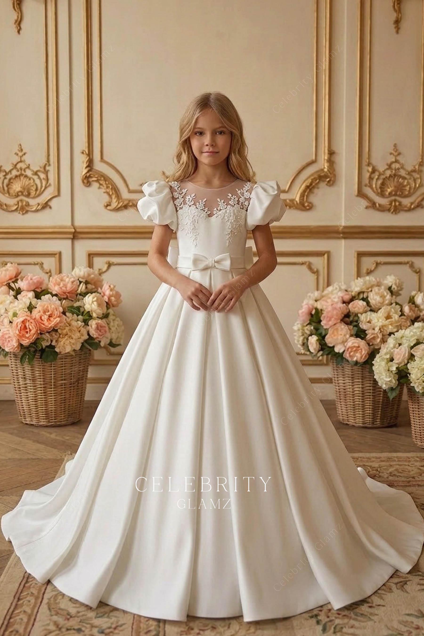 white satin a line first communion dress