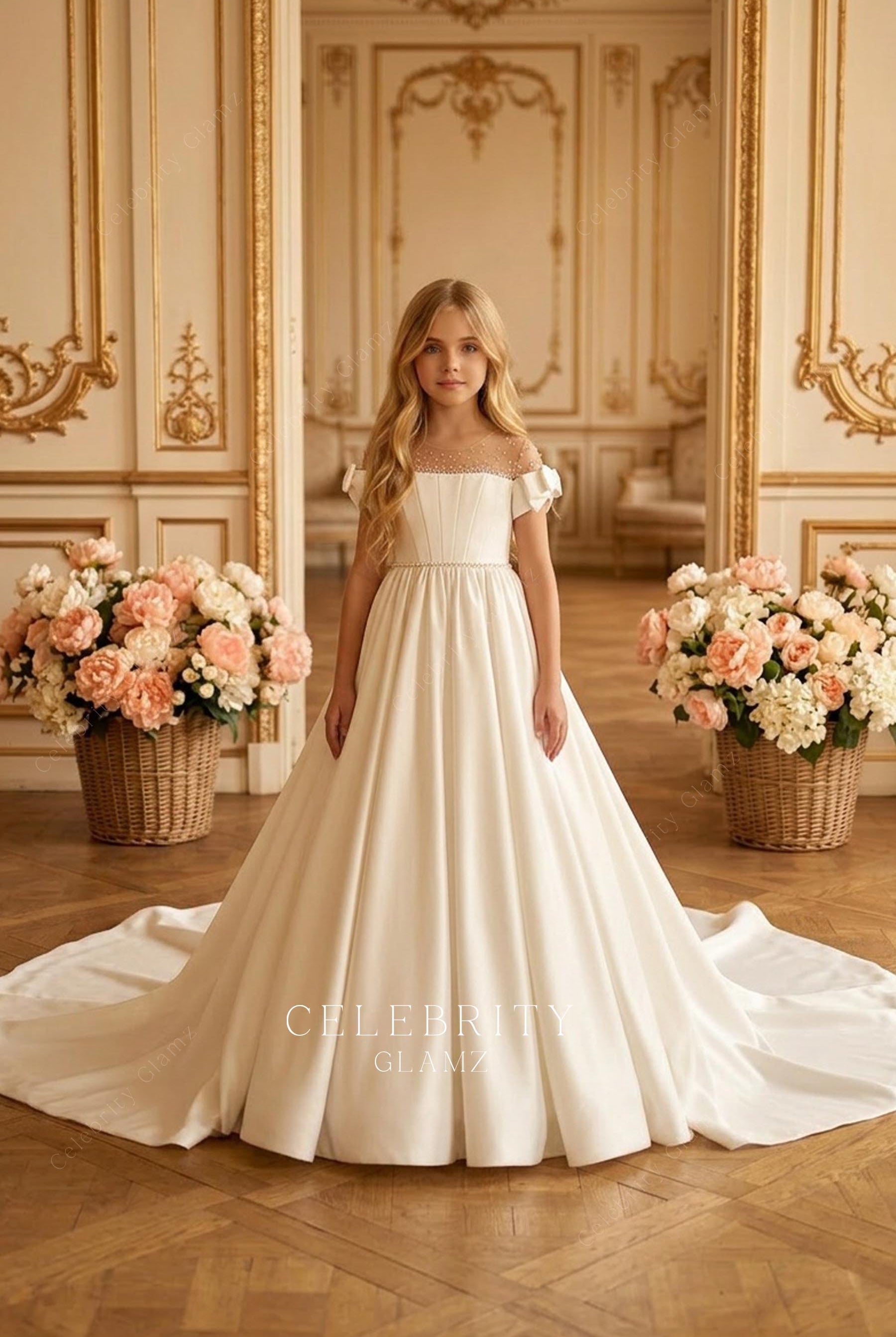 white satin a line first communion gown