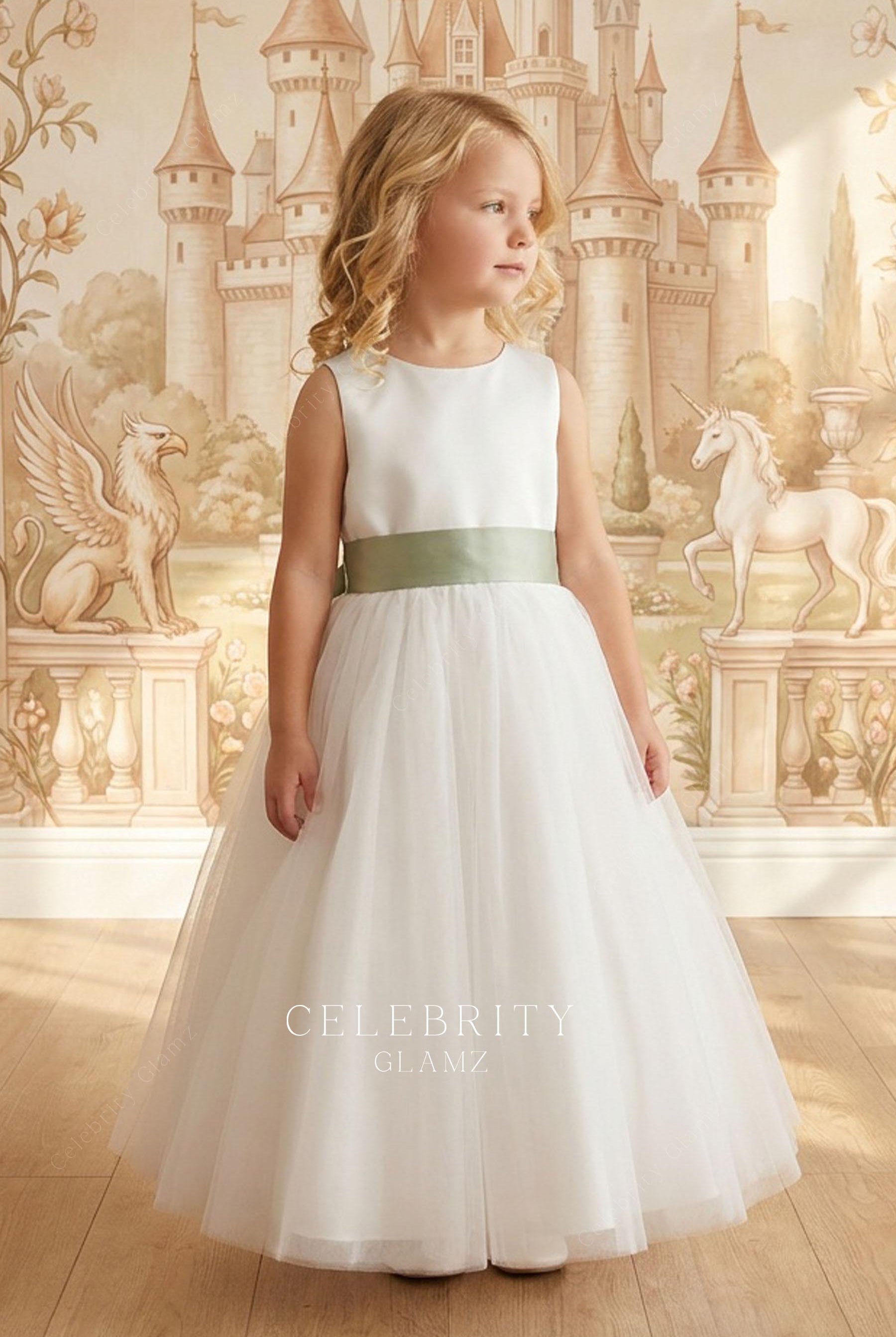 white satin boat neck flower girl dress