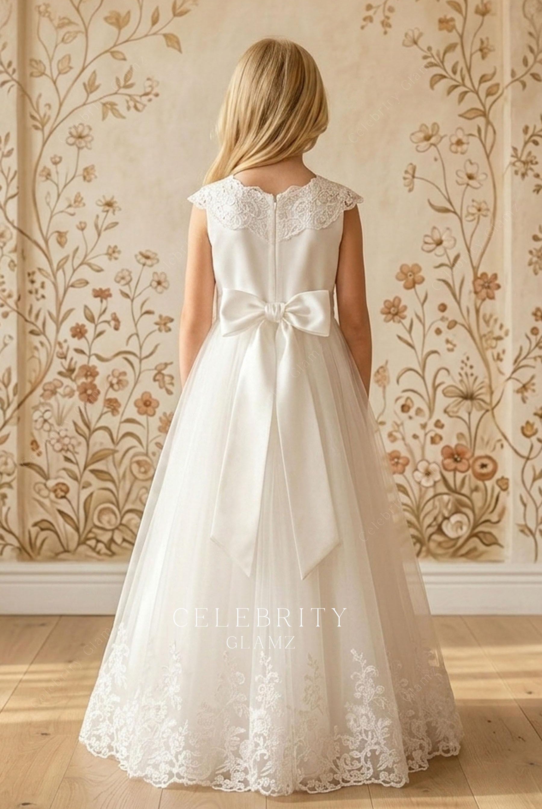 white satin bowknot flower girl dress