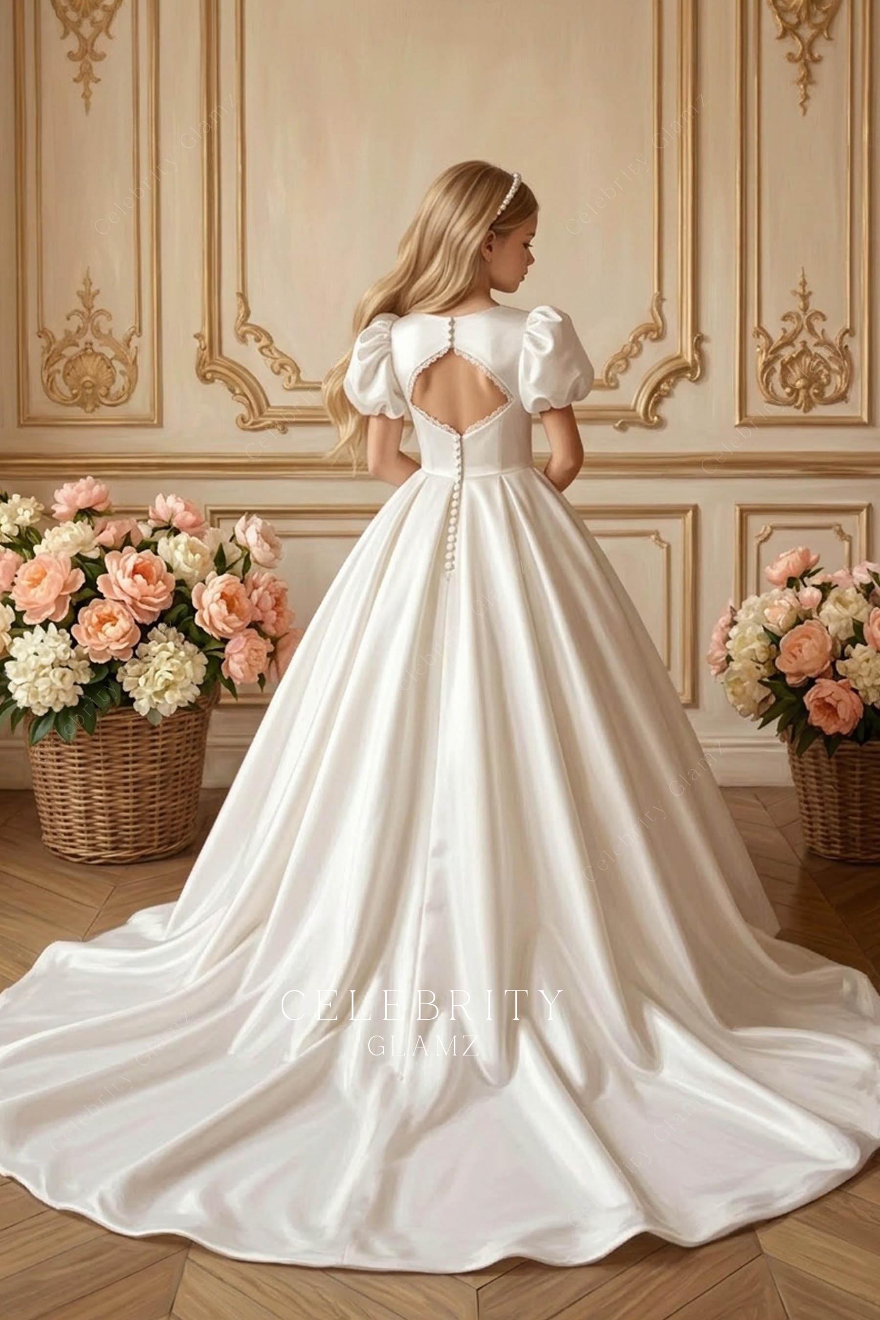 white satin cutout back first communion dress