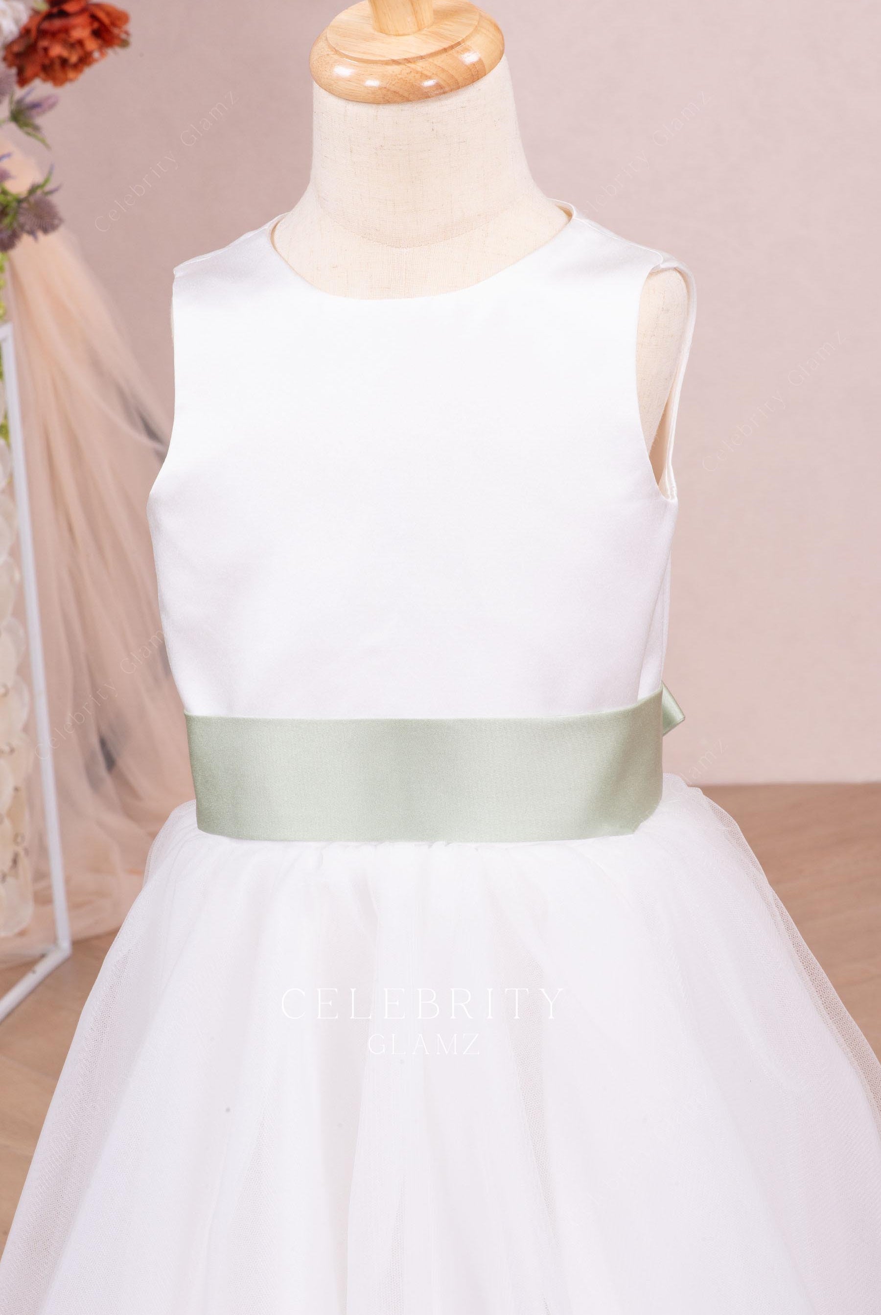 white satin green waistband flower girl dress