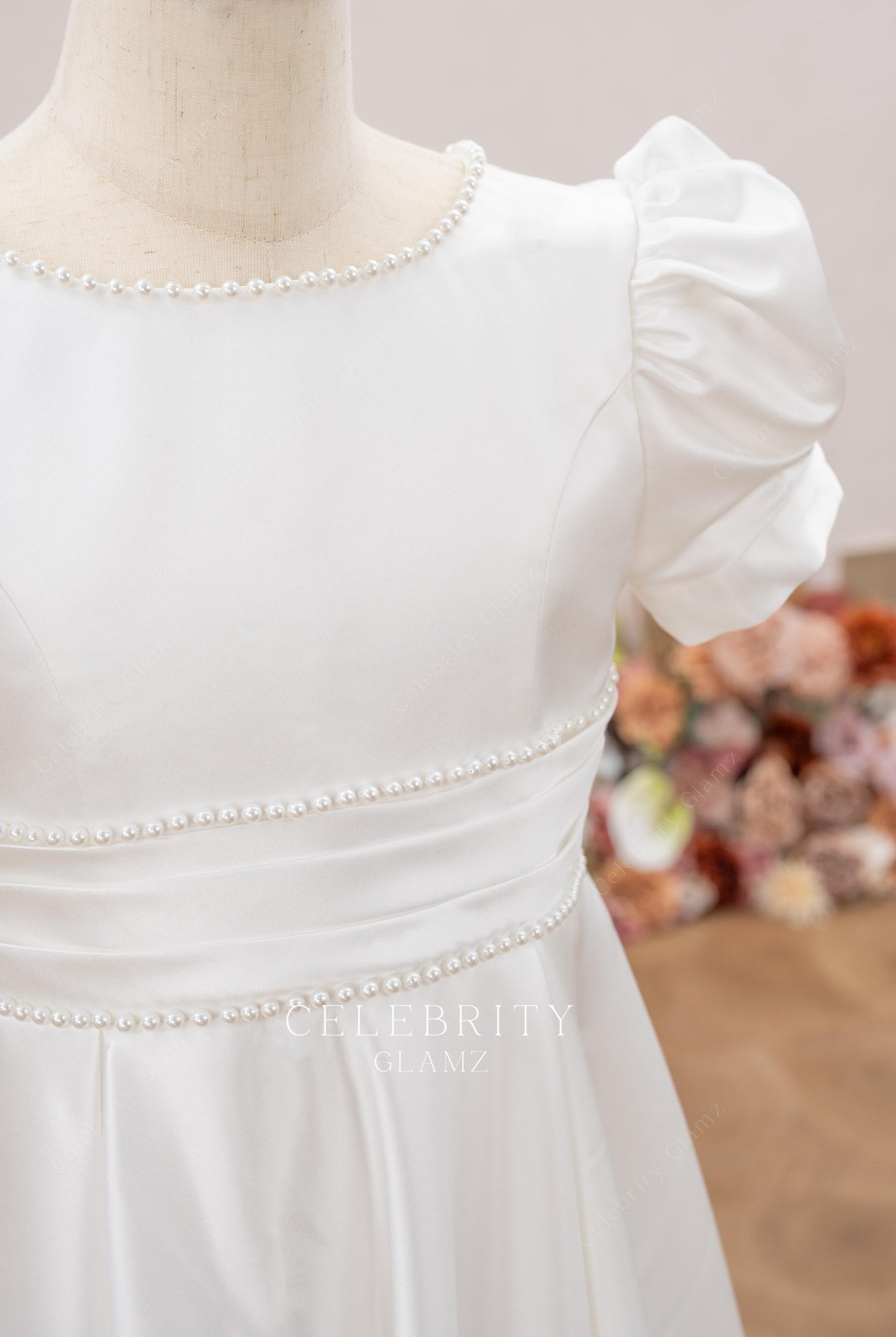 white satin pearls neckline flower girl dress