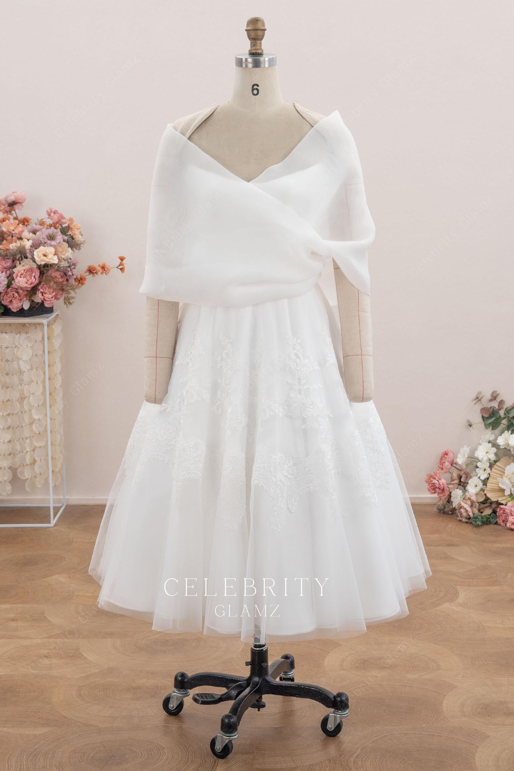 white tea length a line bridal dress