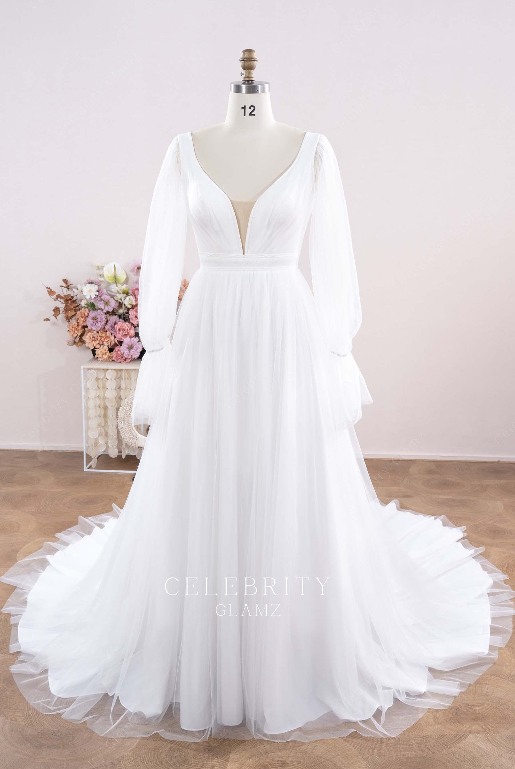 white tulle a line wedding dress