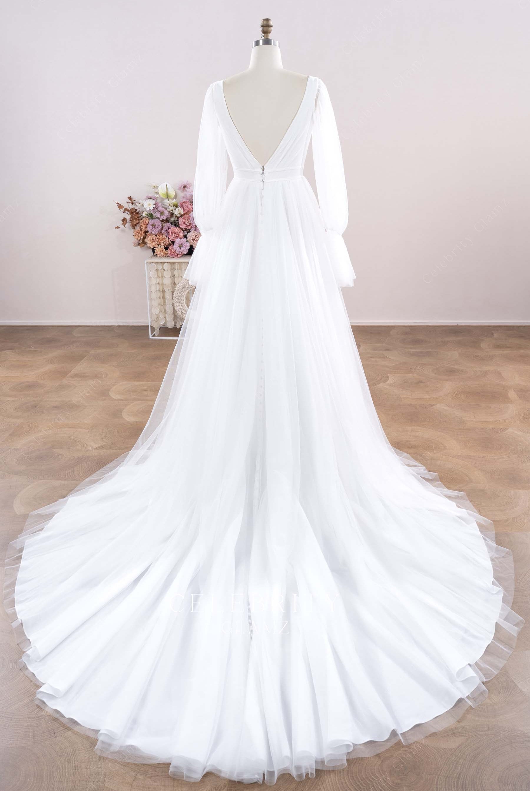 white tulle chapel train wedding dress