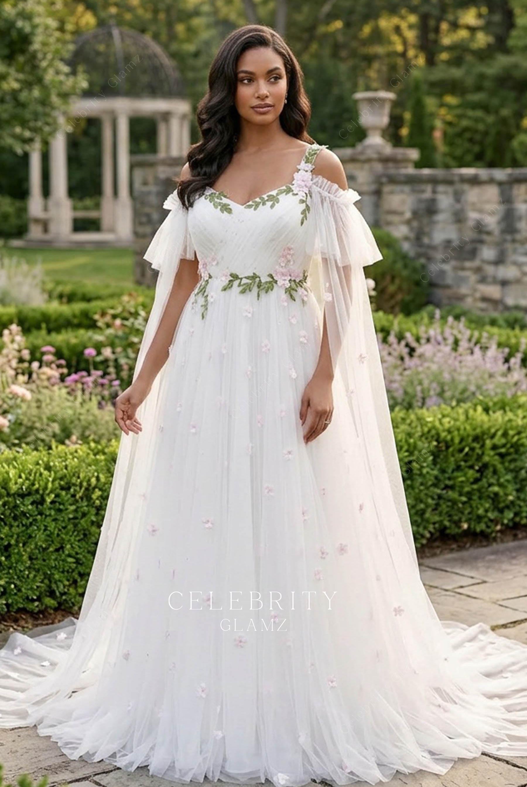 white tulle cold shoulder sleeve wedding dress