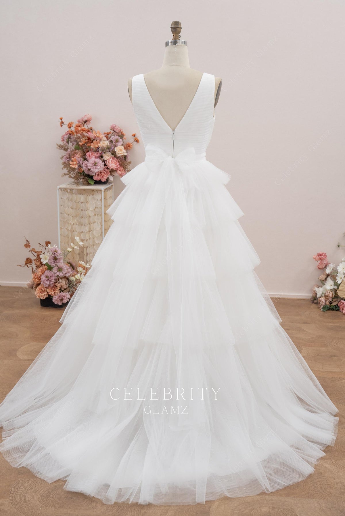 white tulle v back wedding dress