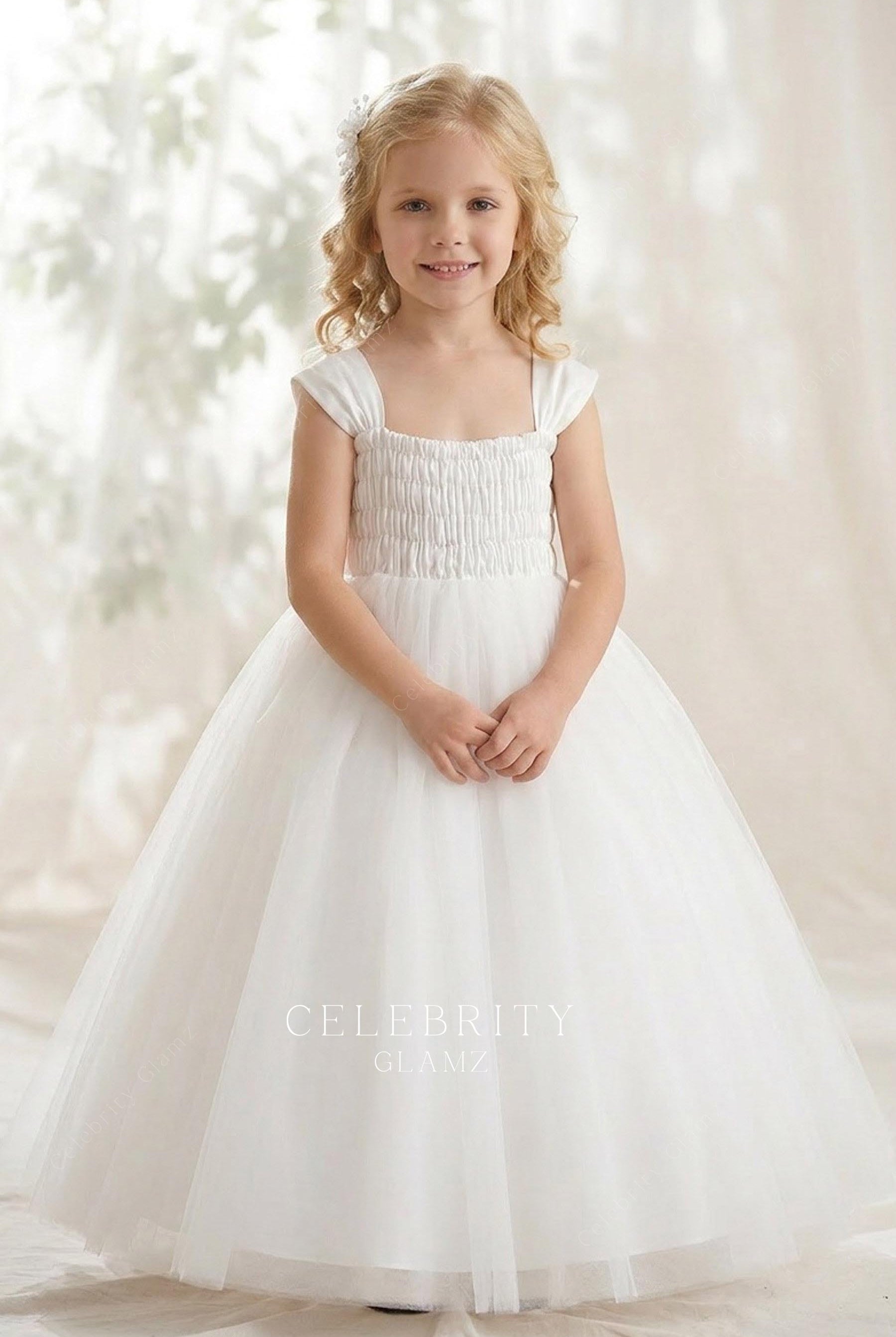white wide straps flower girl ballgown