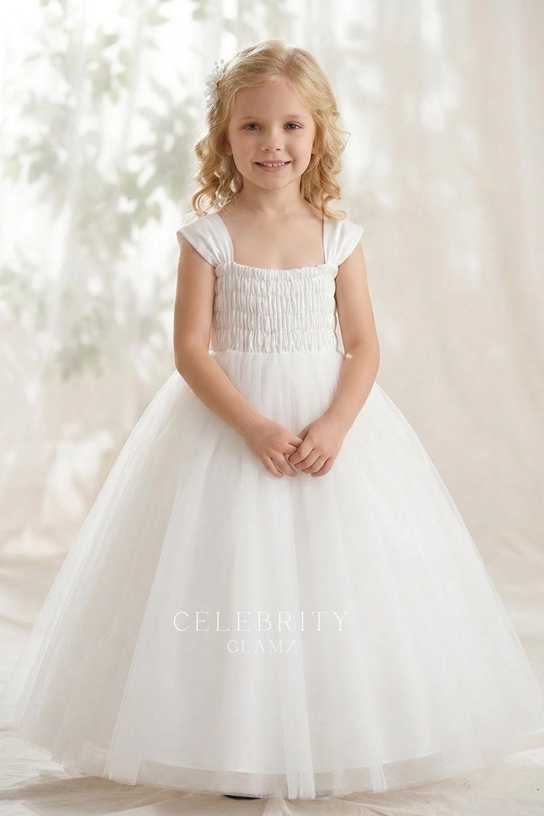 white wide straps flower girl ballgown