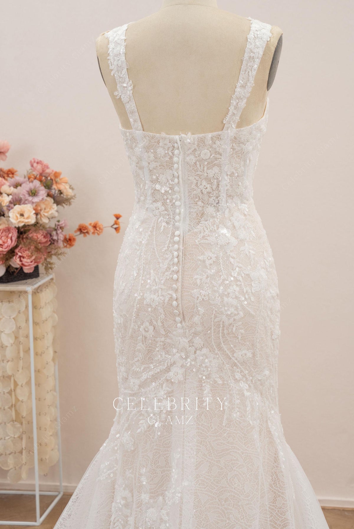 wide straps open back mermaid wedding dress