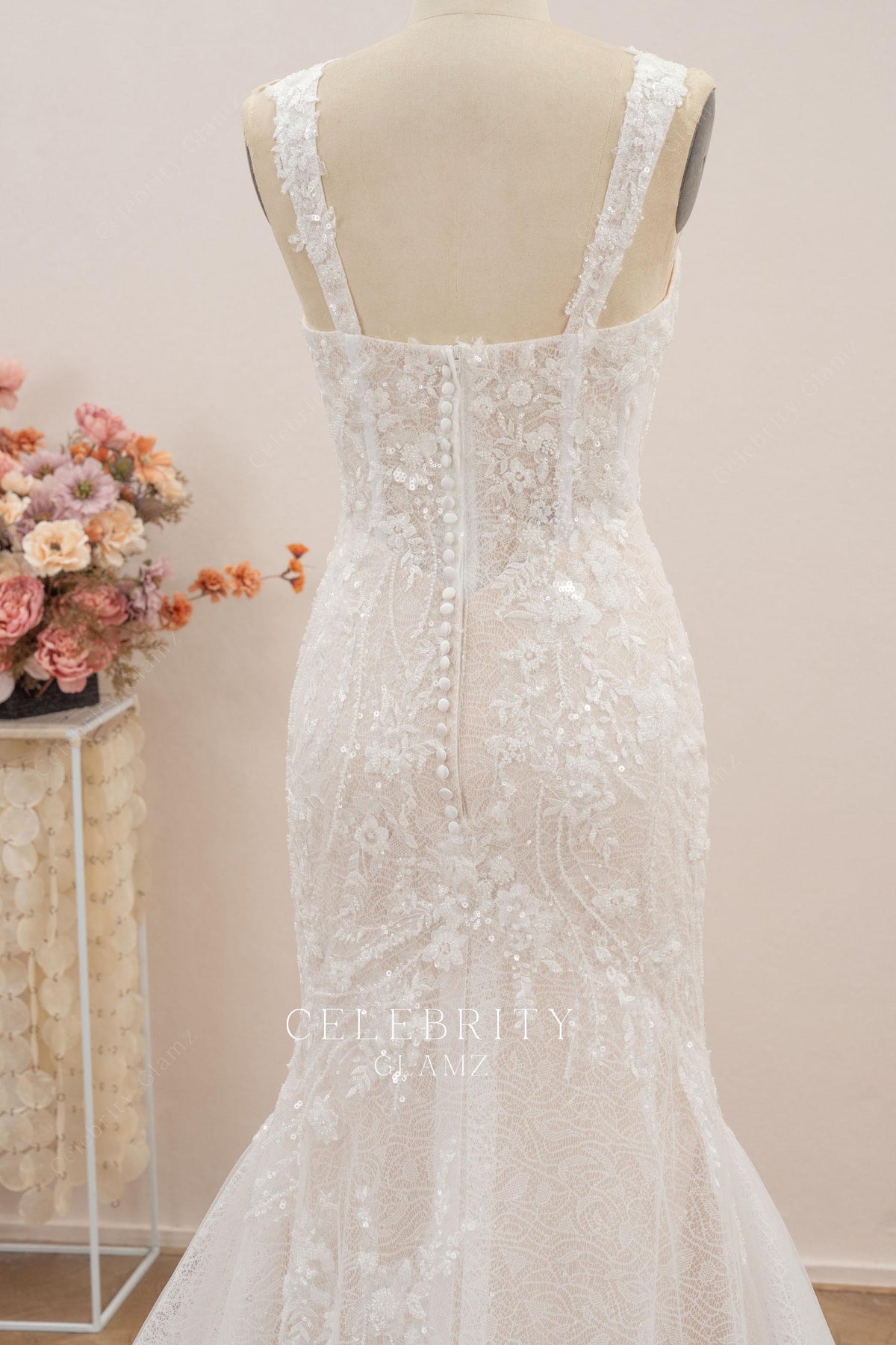 wide straps open back mermaid wedding dress