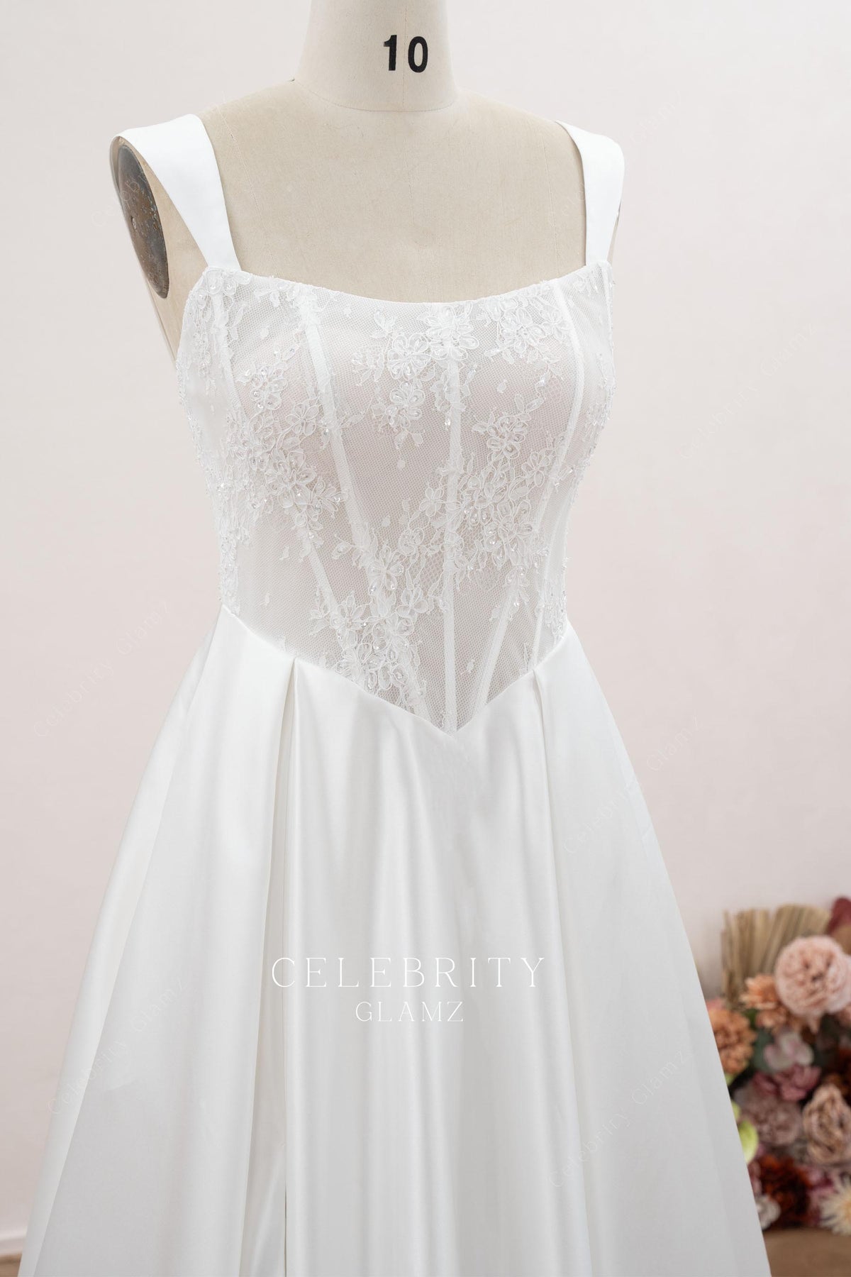 wide straps v neck wedding dress