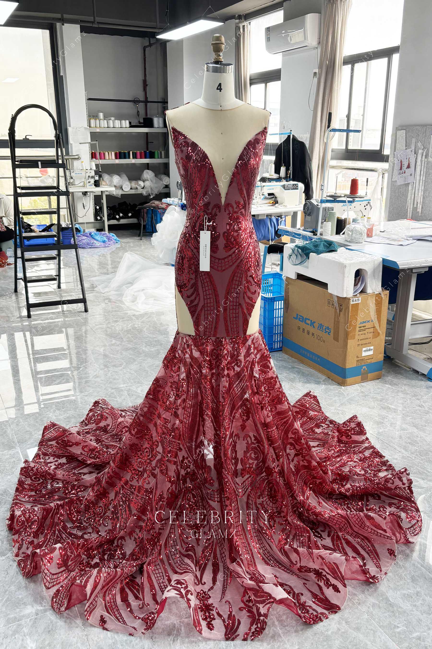 wine glitter trumpet formal dress