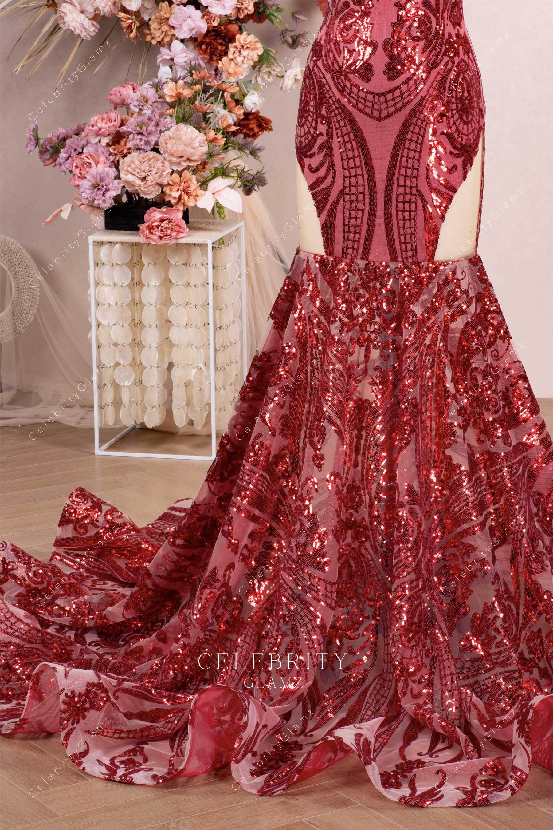 wine sequin cutout trumpet formal dress