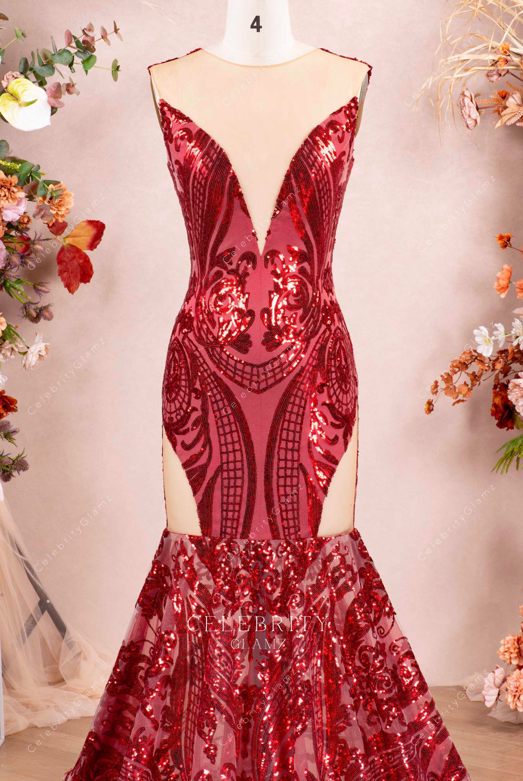 wine sequin illusion plunging neck formal dress