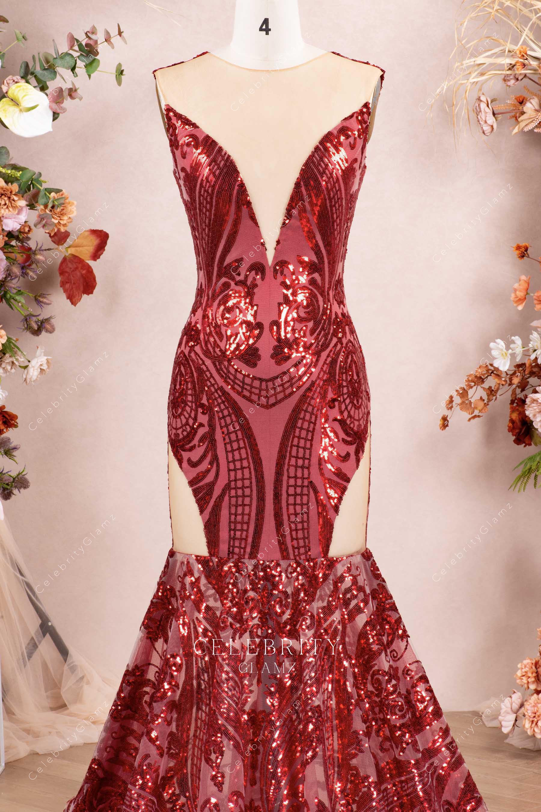 wine sequin illusion plunging neck formal dress