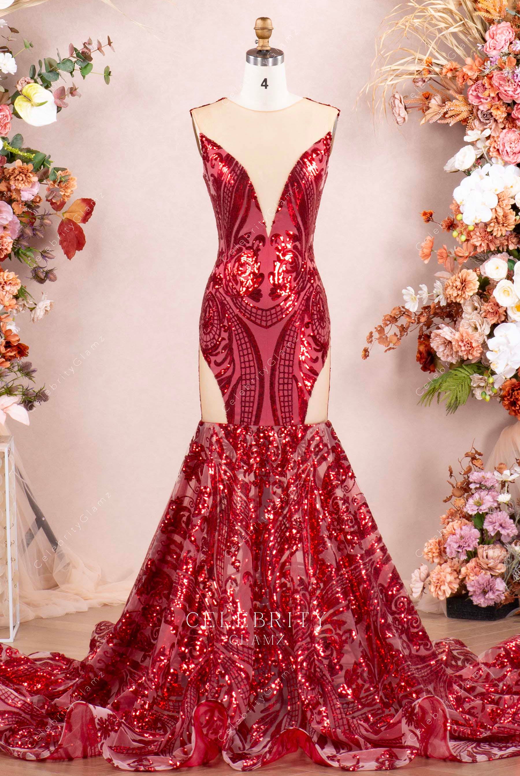 wine sequin trumpet formal dress