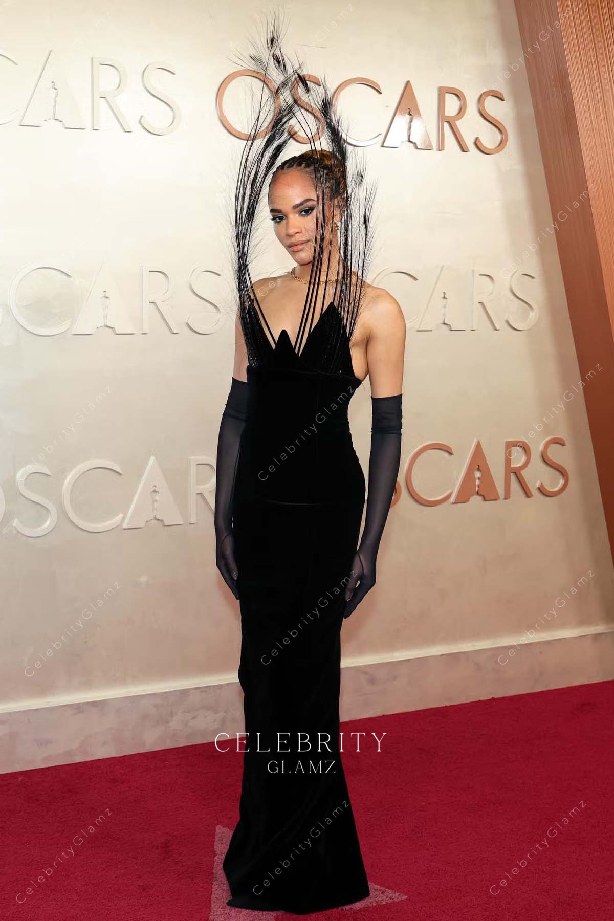 Yasmin Finney black 2025 Oscars red carpet feathered dress