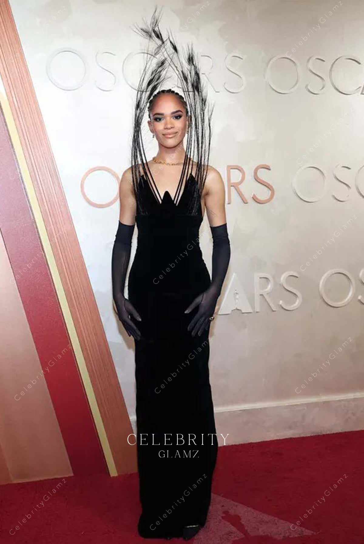Yasmin Finney fit flare 2025 Oscars red carpet dress
