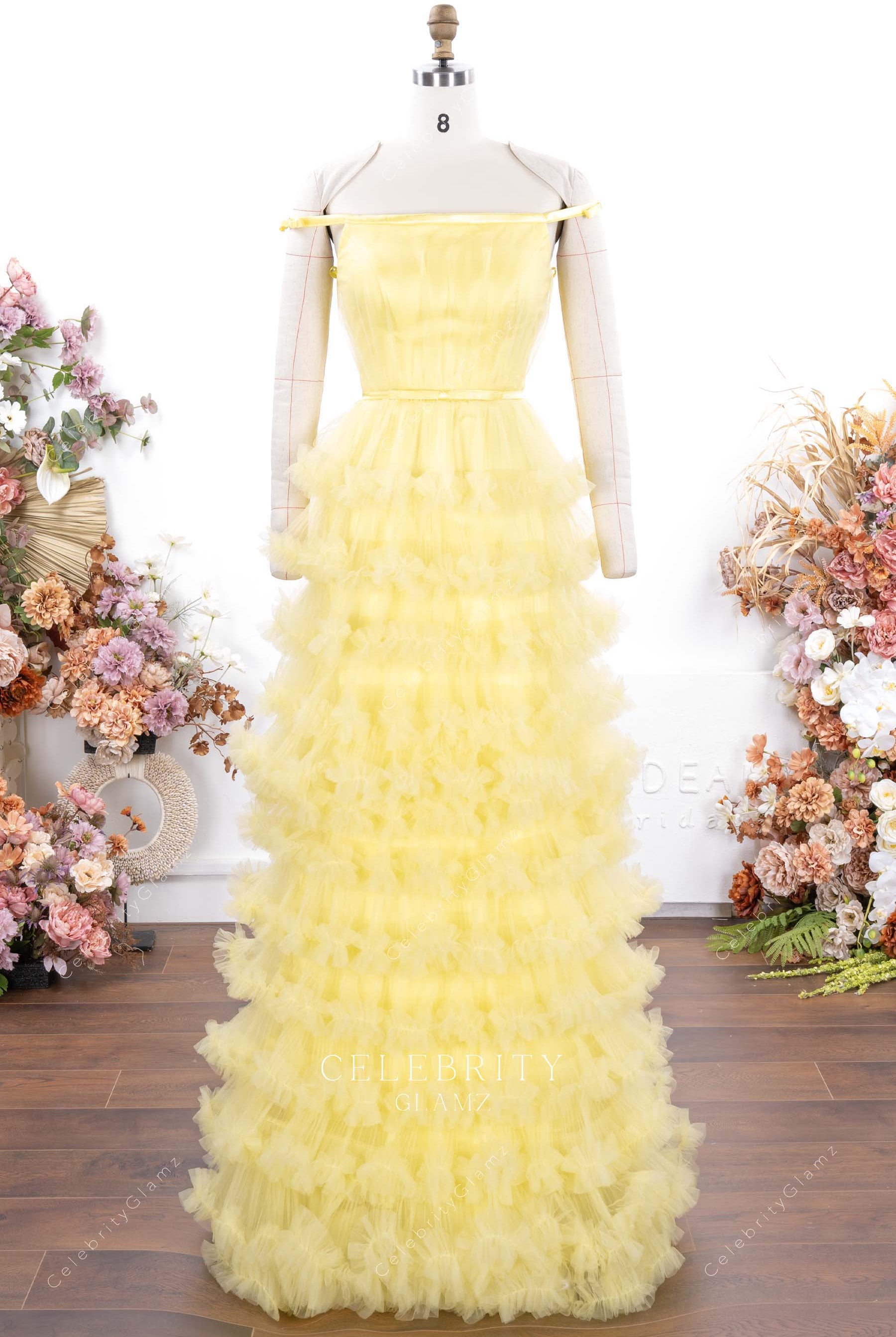 yellow a line floor length prom dress