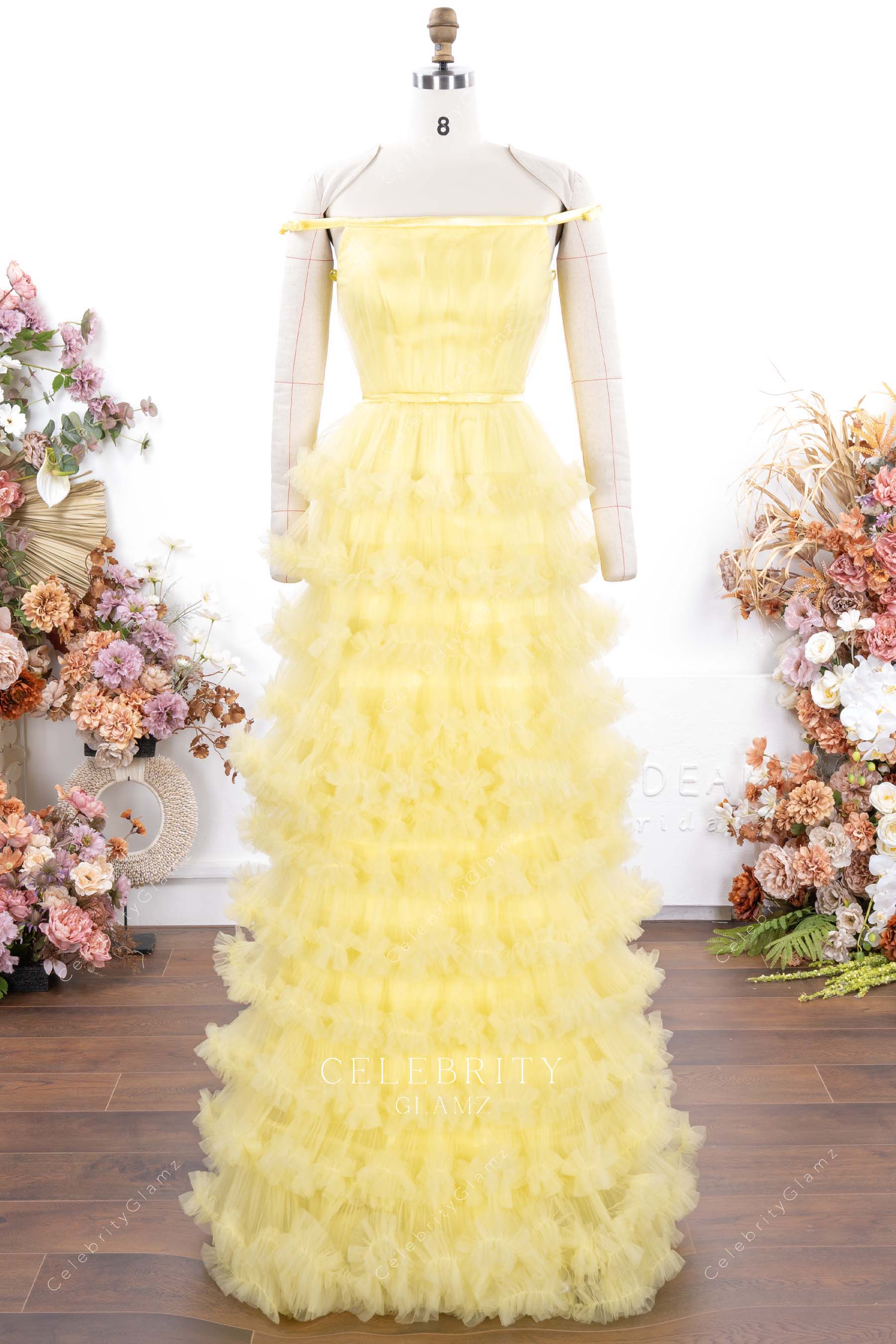 yellow a line floor length prom dress