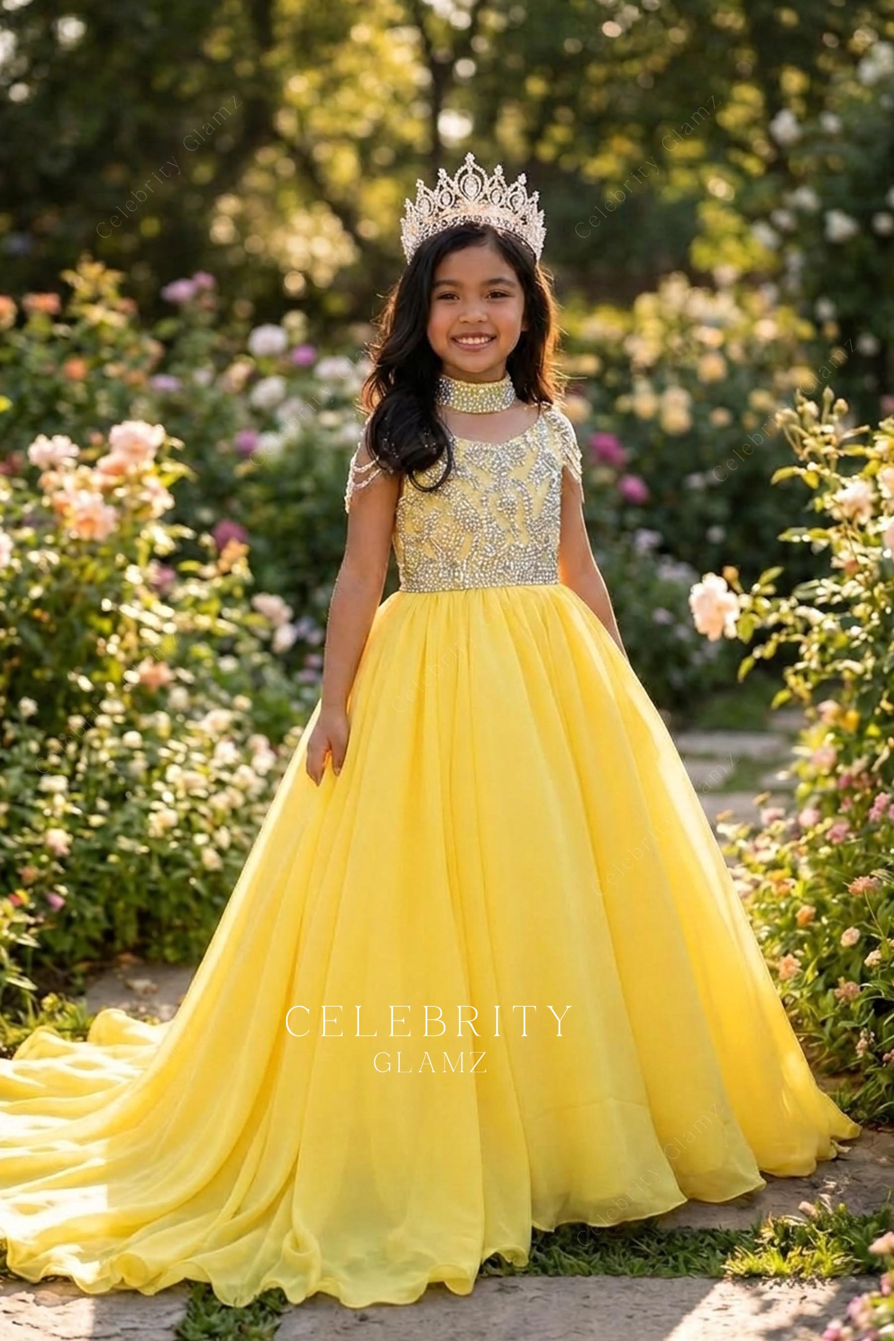 yellow chiffon a line kids pageant gown