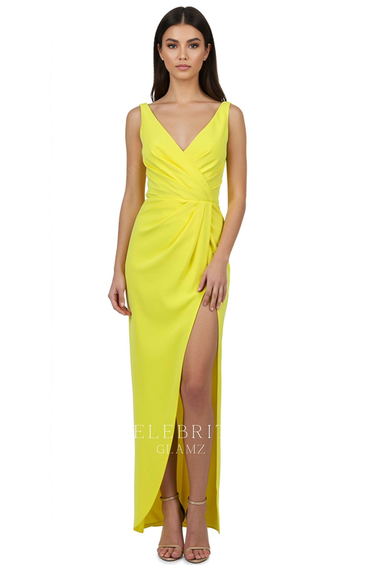 yellow high slit bridesmaid dress