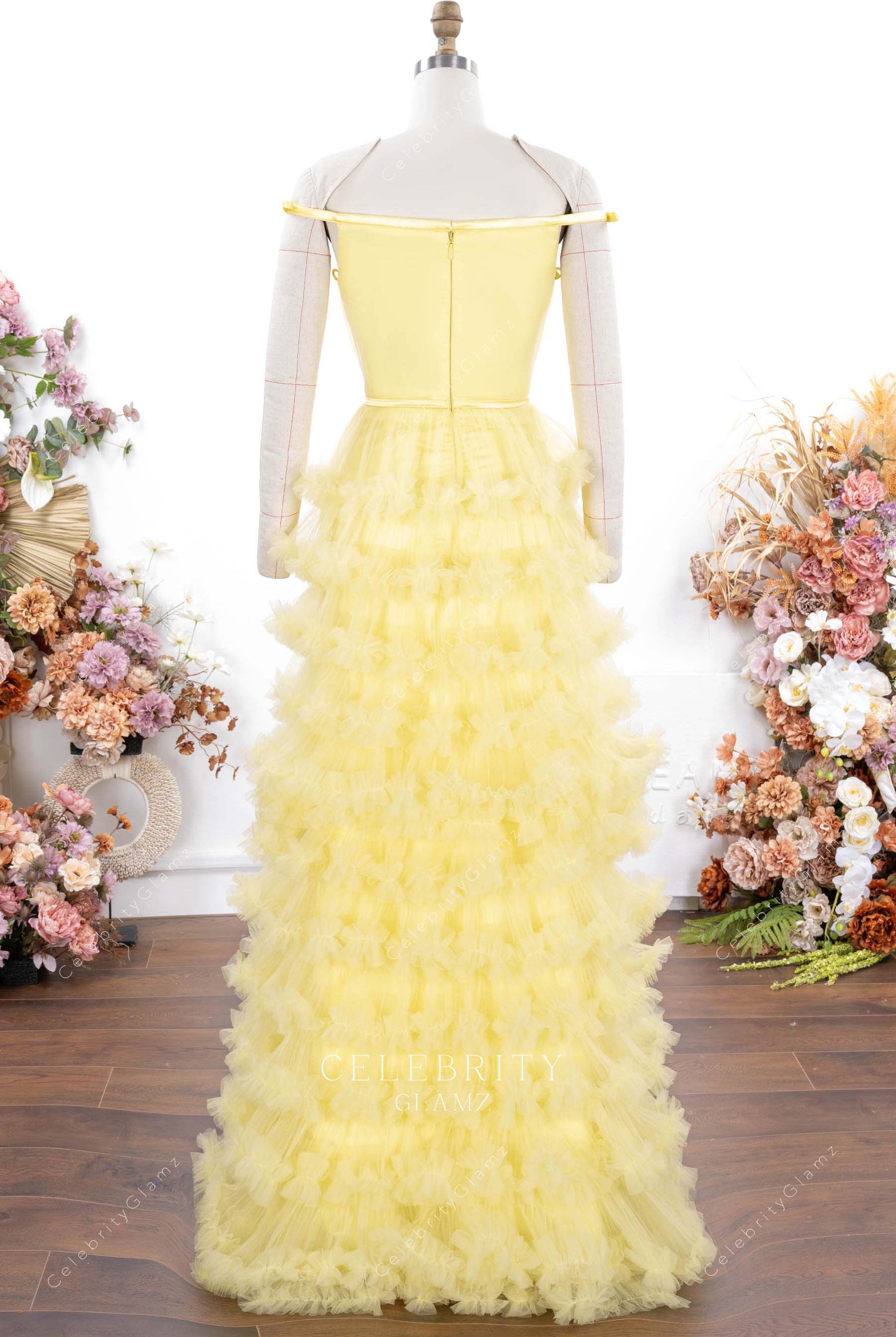 yellow layered a line prom dress