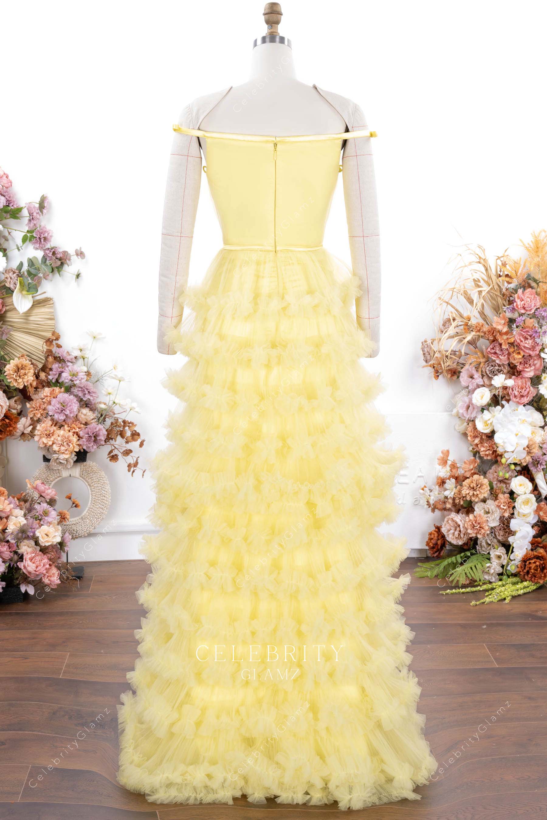 yellow layered a line prom dress