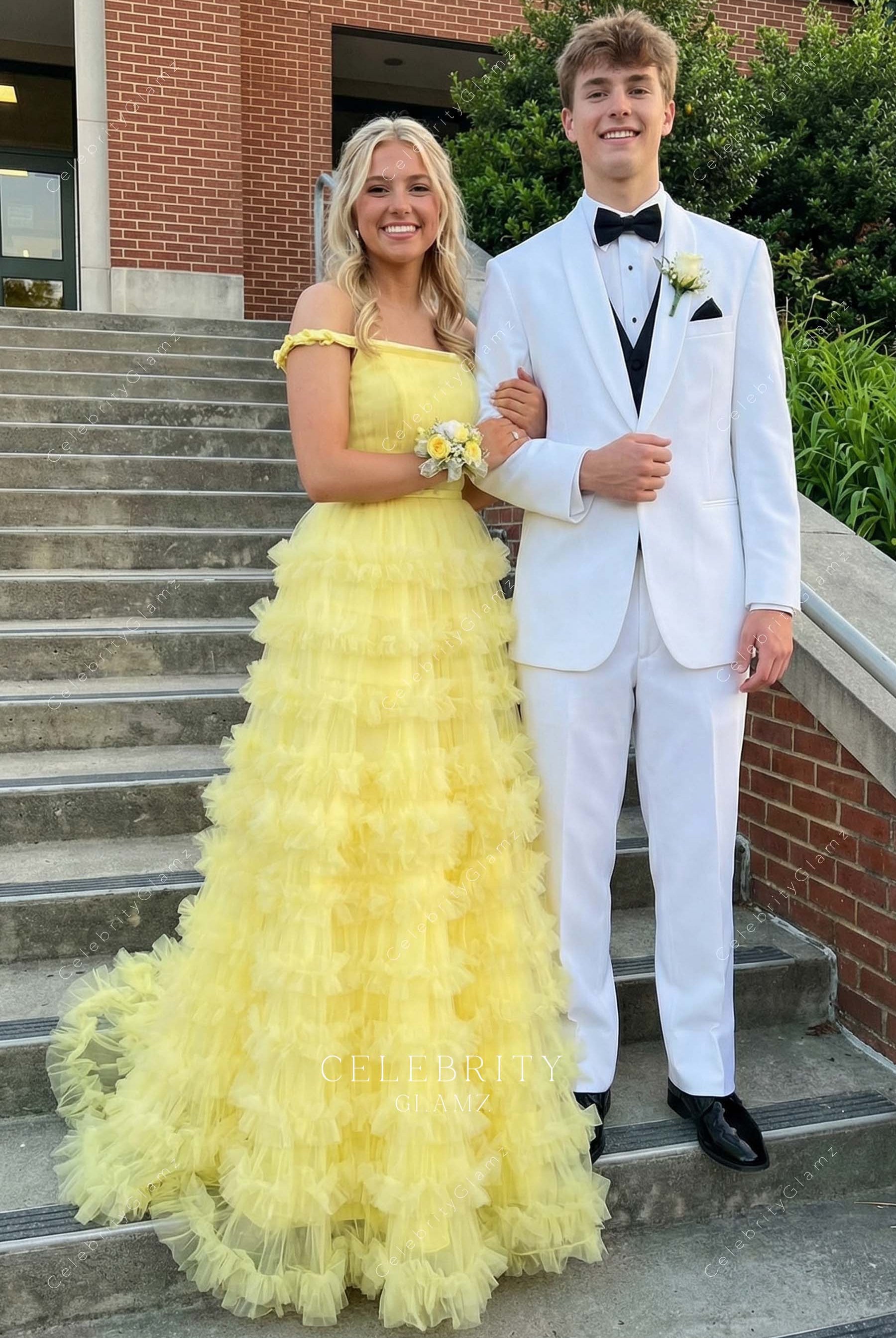 yellow off shoulder layered prom dress
