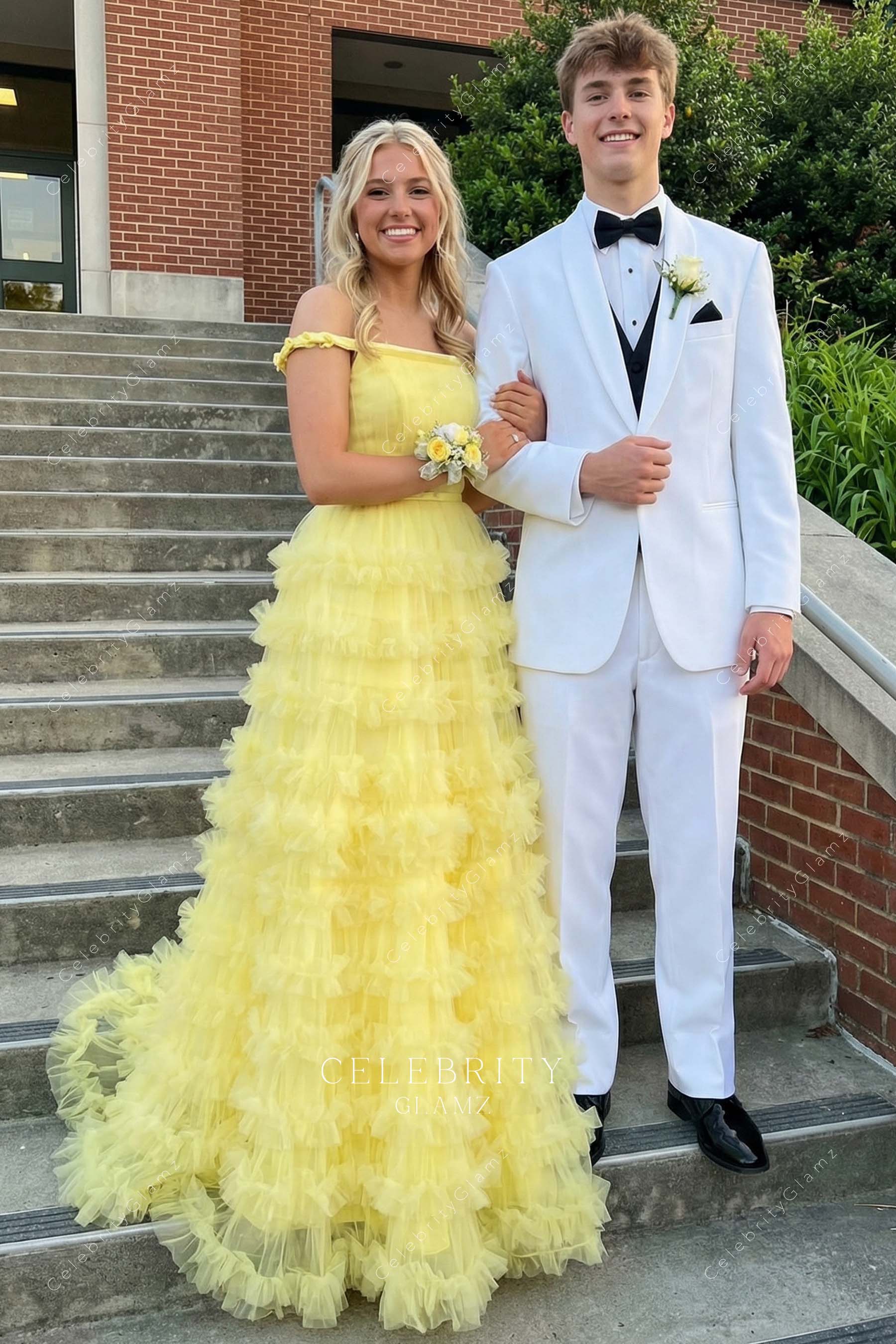 yellow off shoulder layered prom dress