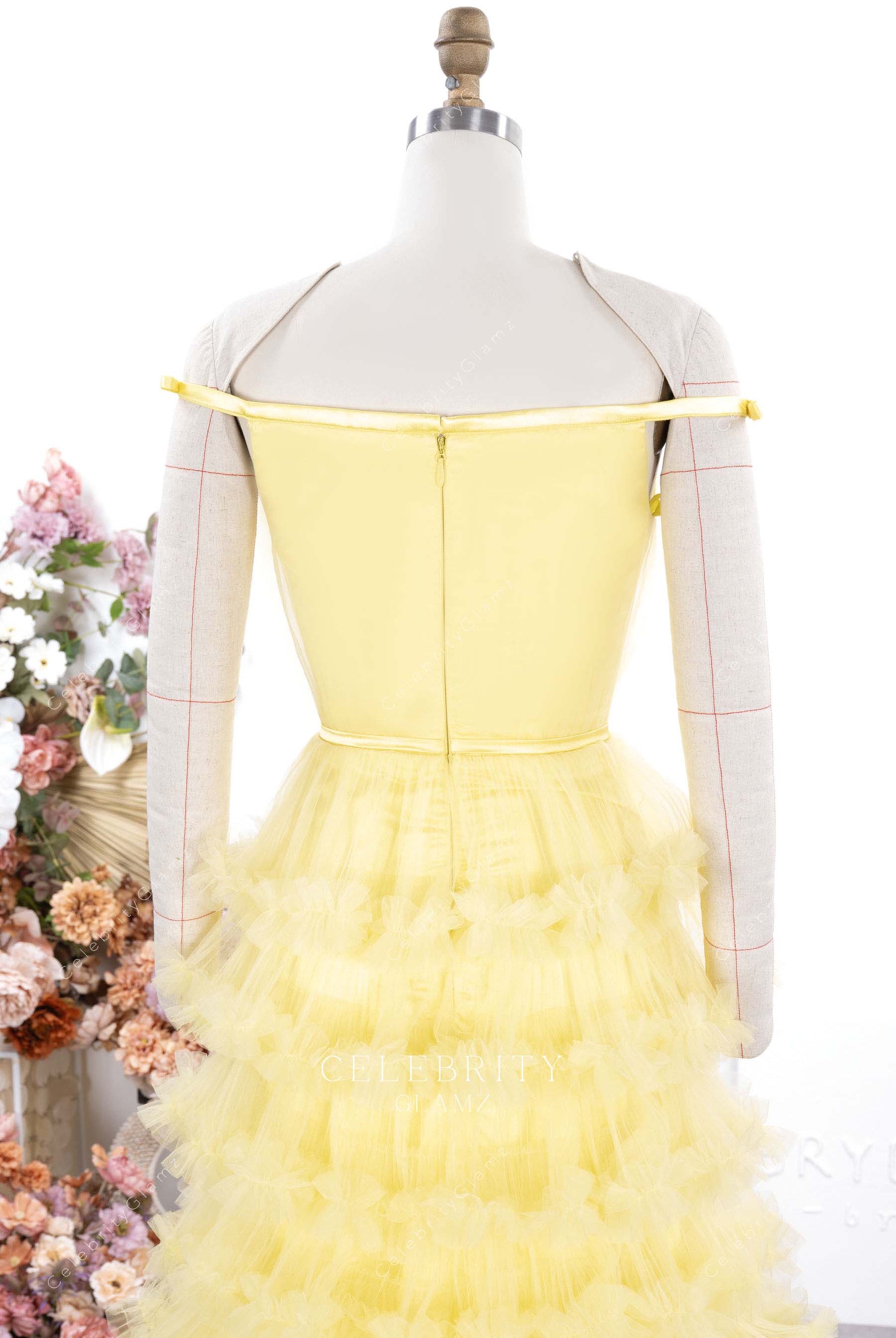 yellow off shoulder tiered tulle prom dress