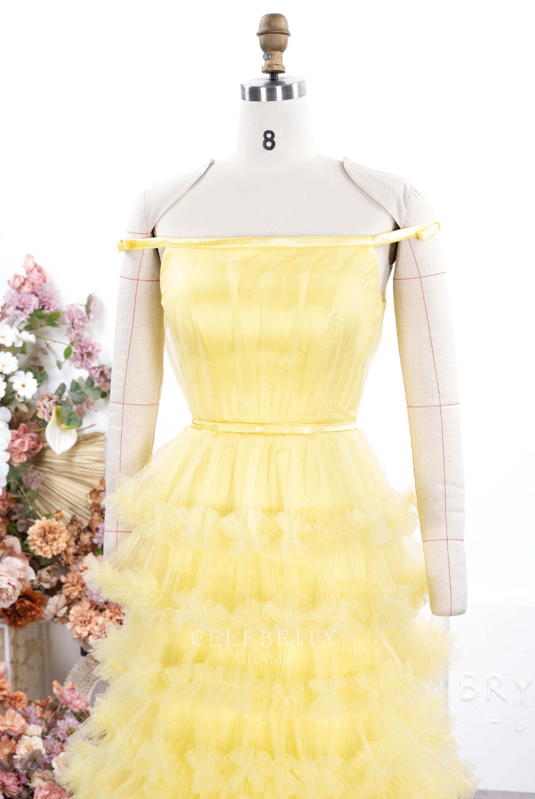 yellow straight across prom dress