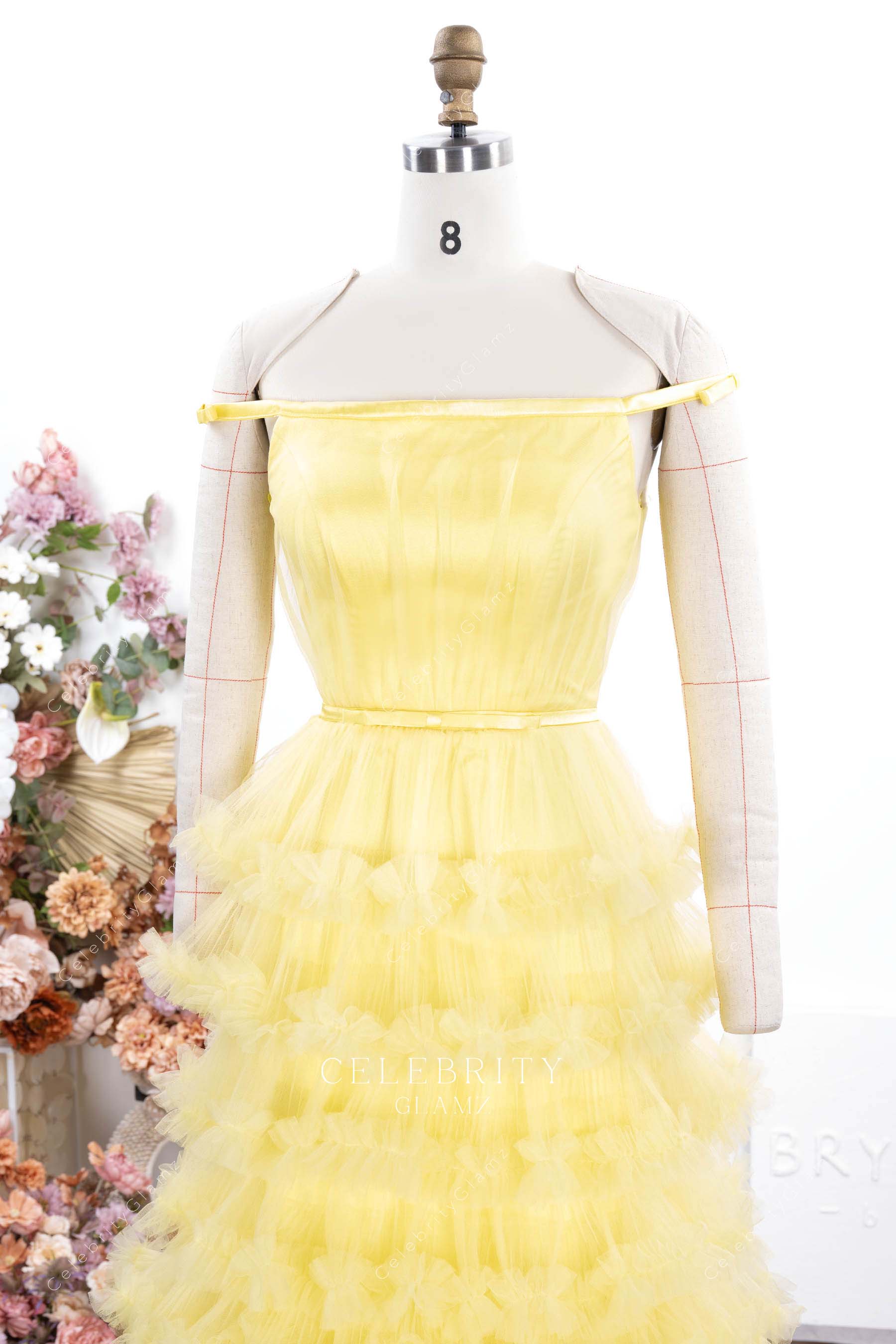 yellow straight across prom dress