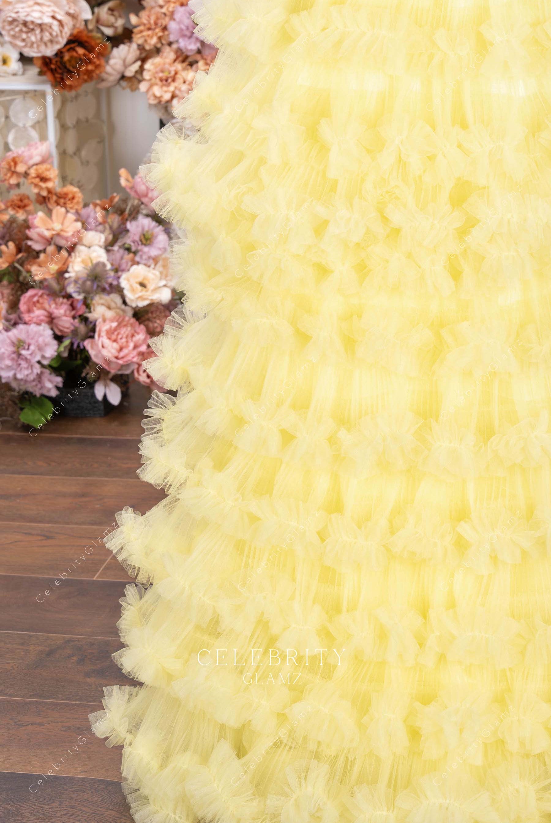 yellow tulle layered prom dress