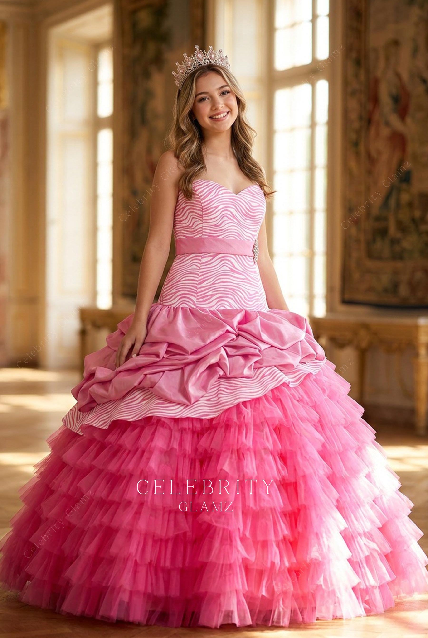 zebar print pink strapless Quinceanera gown