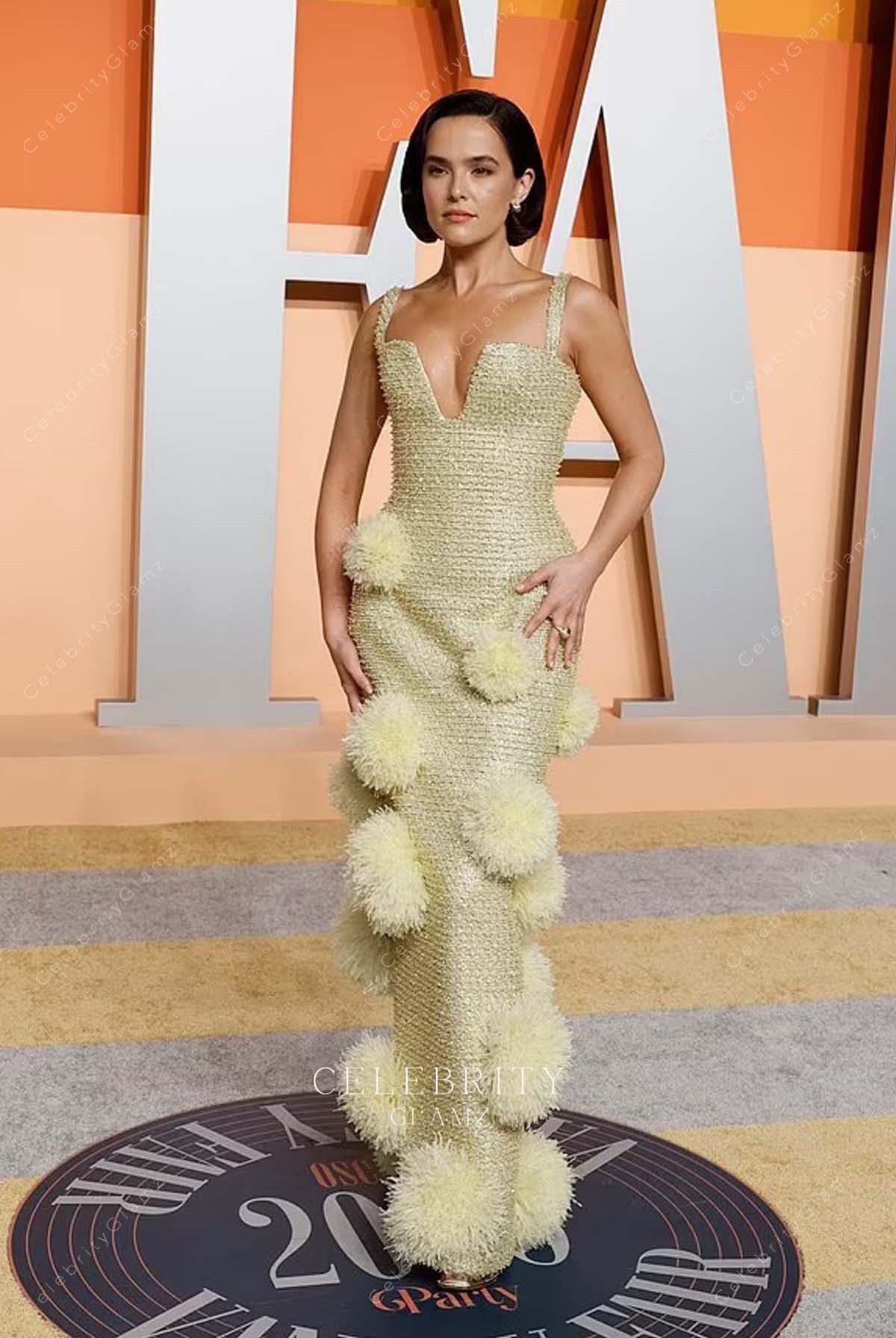 Zoey Deutch daffodil 2025 Vanity fair party floor length dress