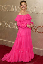 2025 Oscars red carpet Rita Wilson illusion sleeves dress 