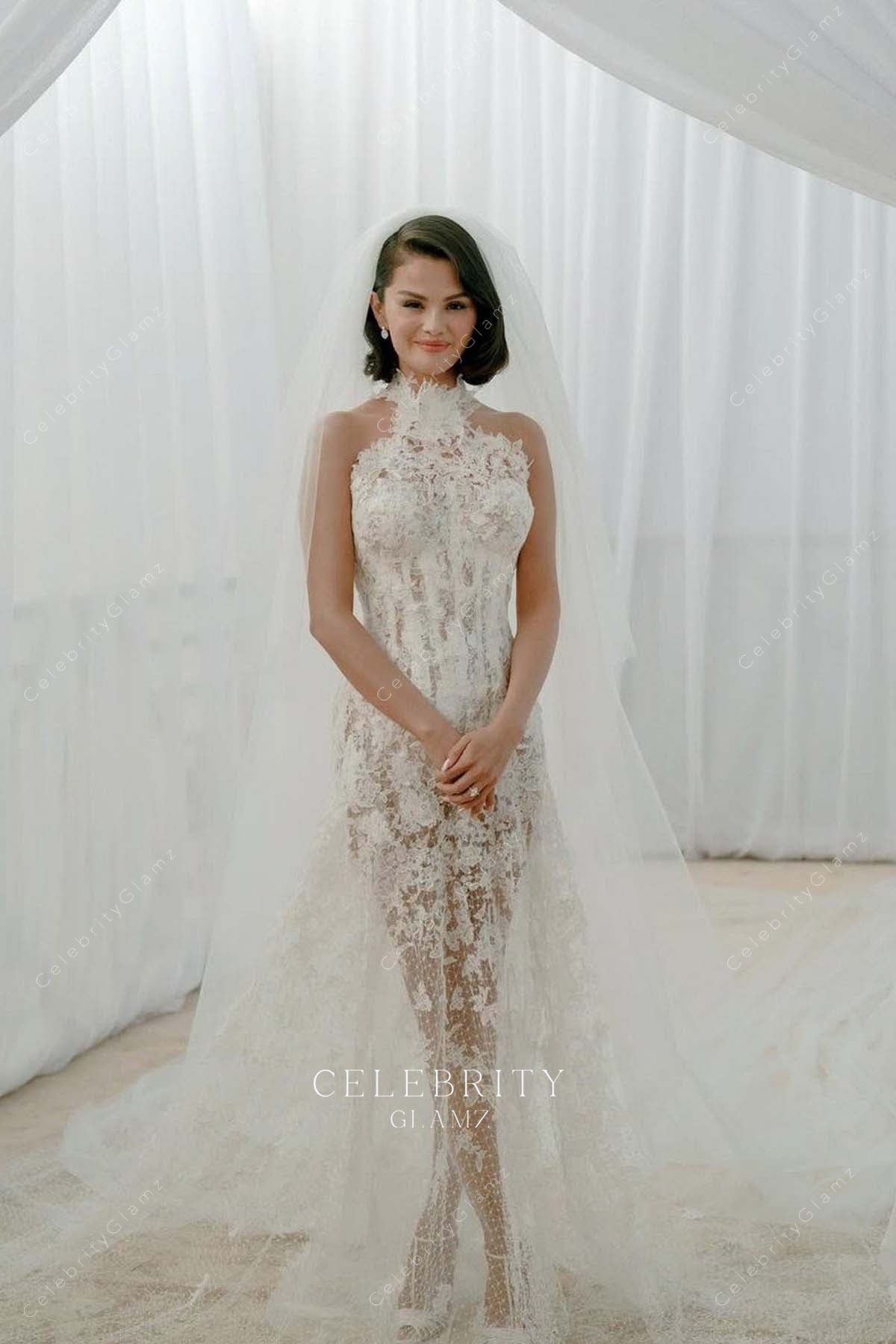 2025 Selena Gomez illusion lace bridal dress