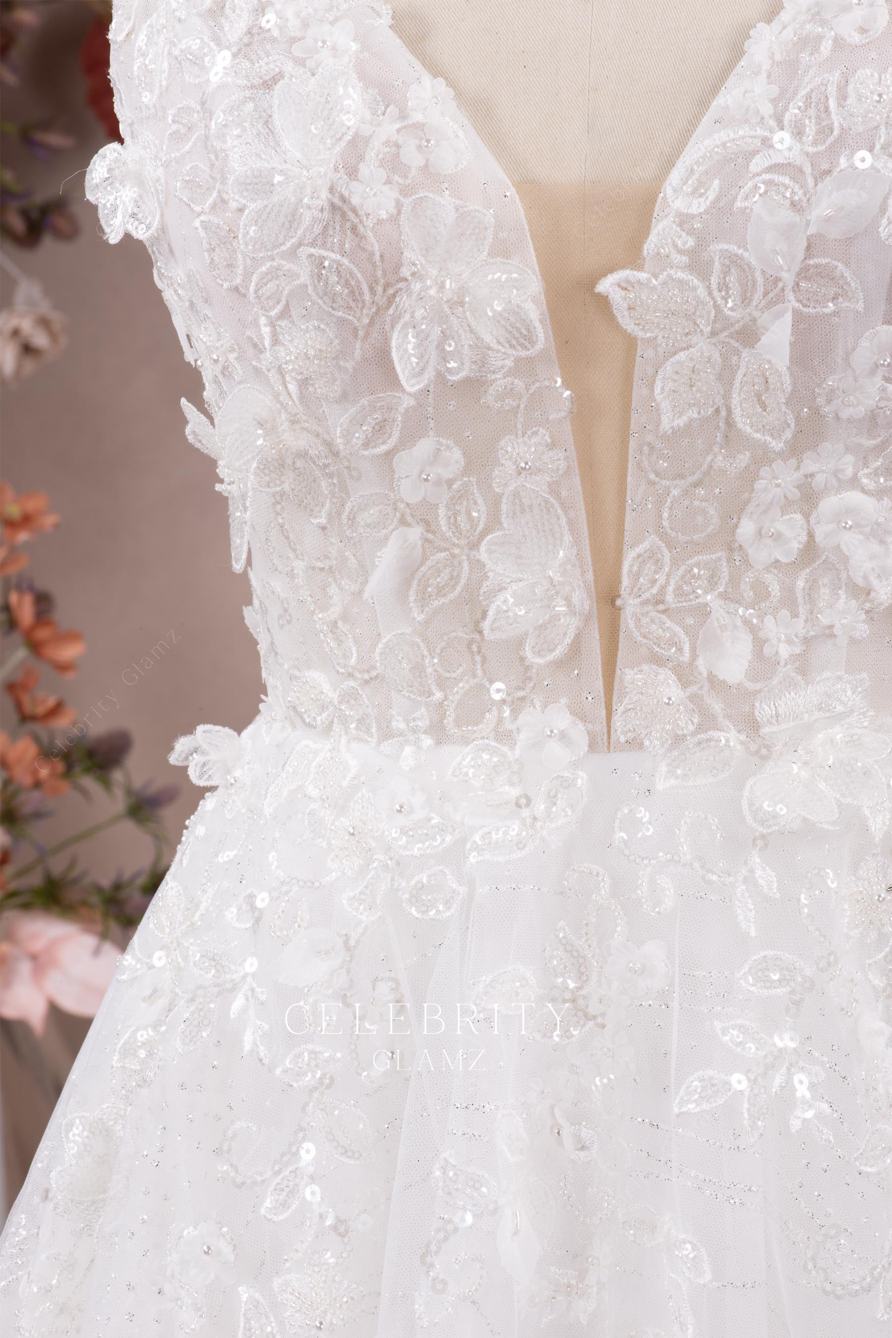 3d floral plunging neck wedding dress