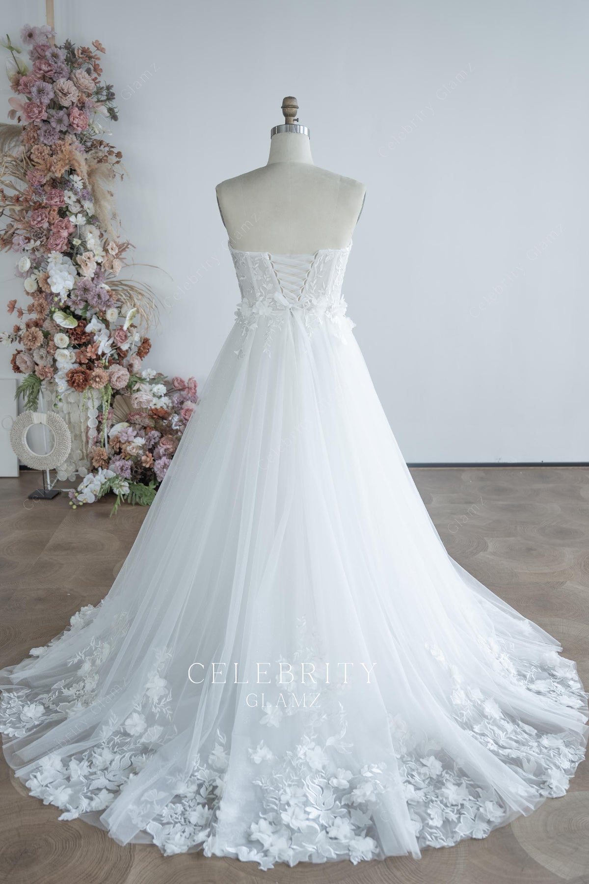 3D flower lace court train wedding dress