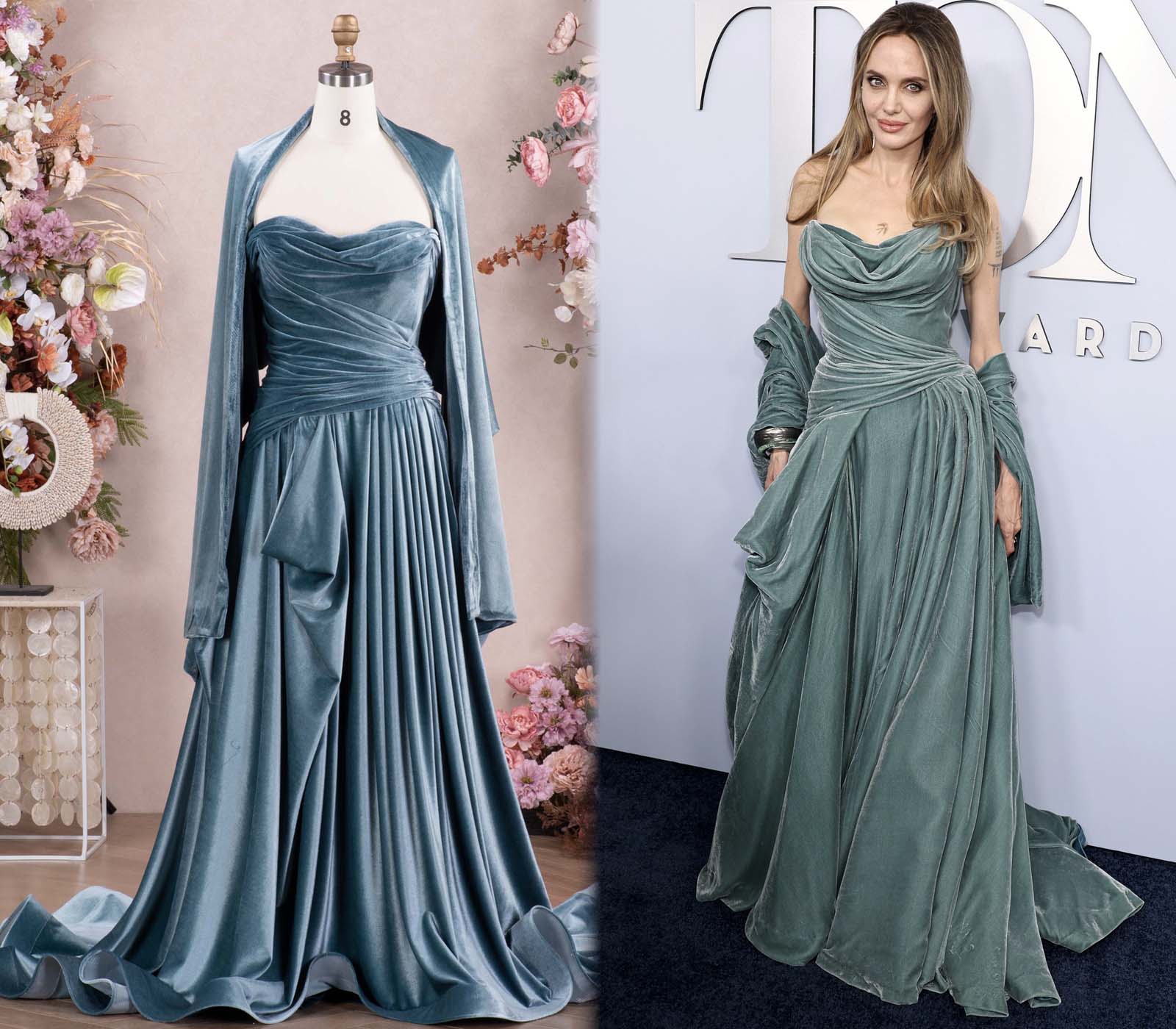 Angelina Jolie 2024 Tony Award Velvet Dress with Cape