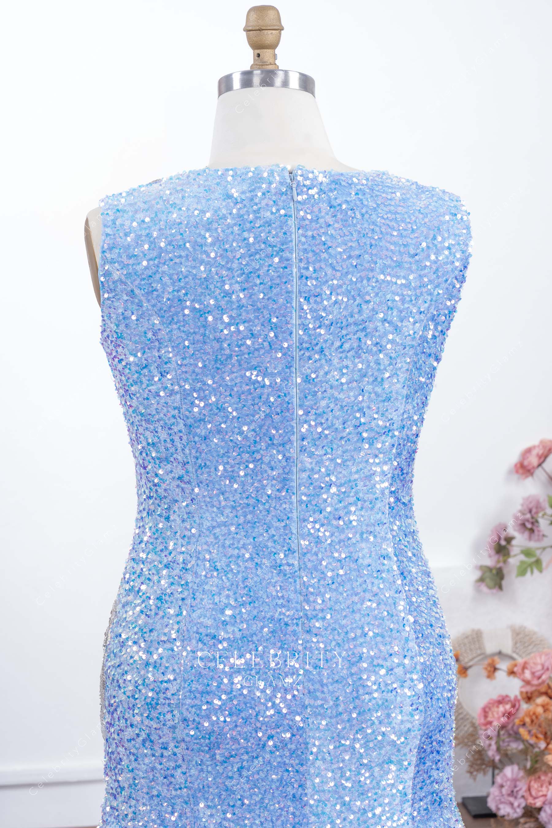 conservative back blue glitter prom dress