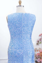 conservative back blue glitter prom dress