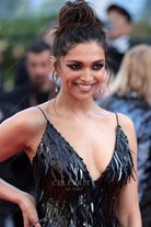Deepika Padukone black spaghetti straps v neck 2022 Cannes dress 