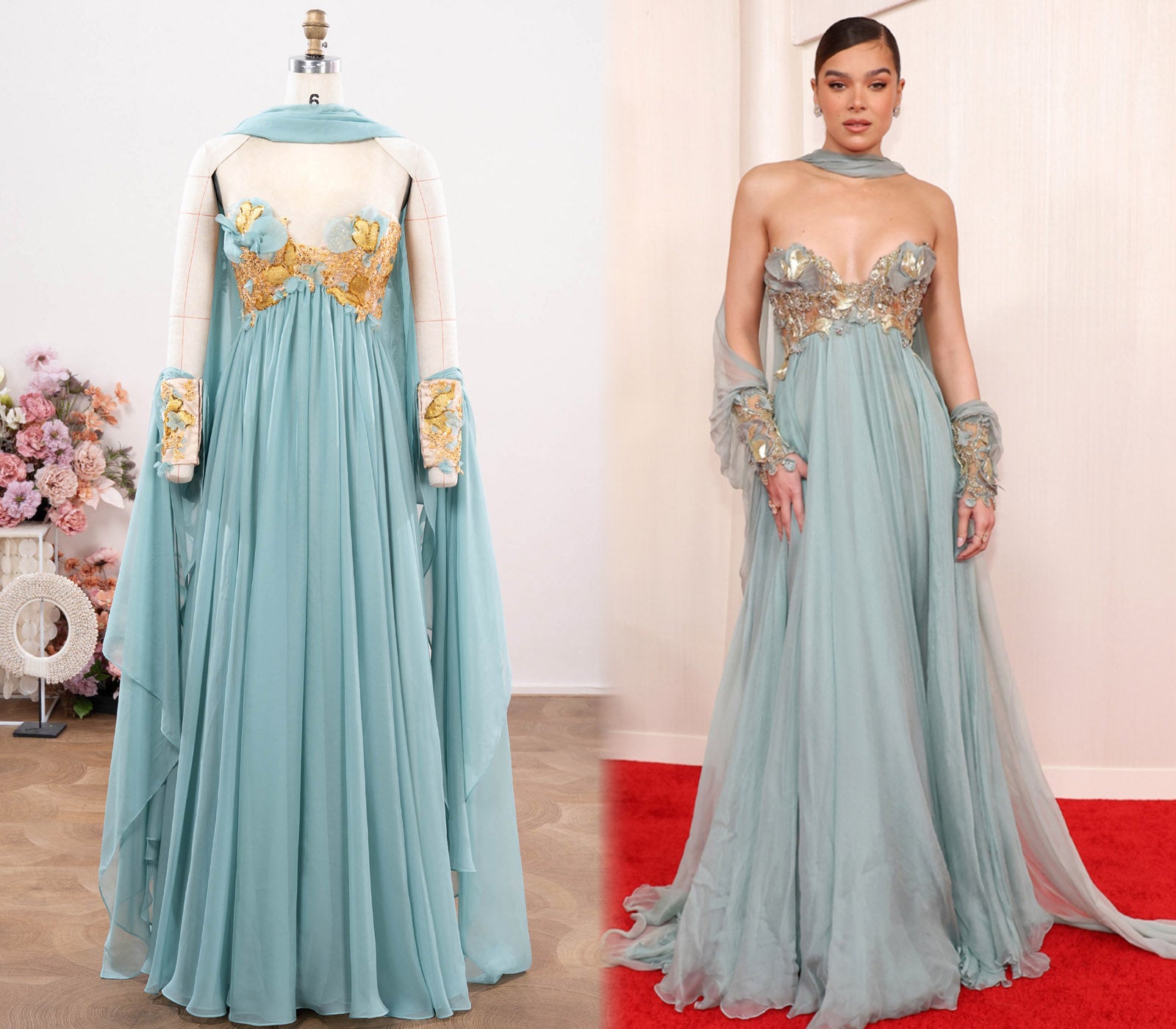 Hailee Steinfeld 2024 Oscars Blue Red Carpet Cape Dress