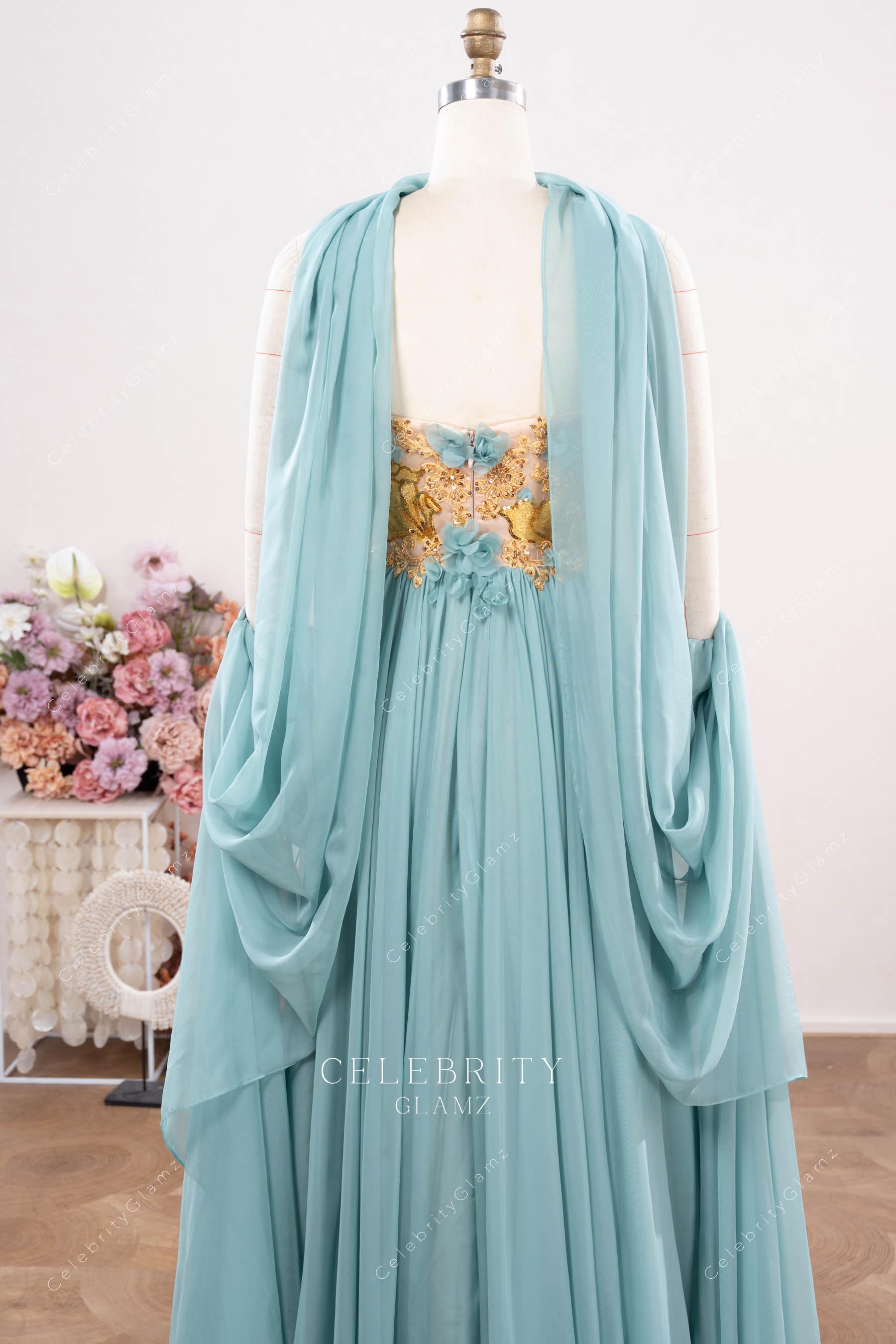 ice blue open back formal dress 