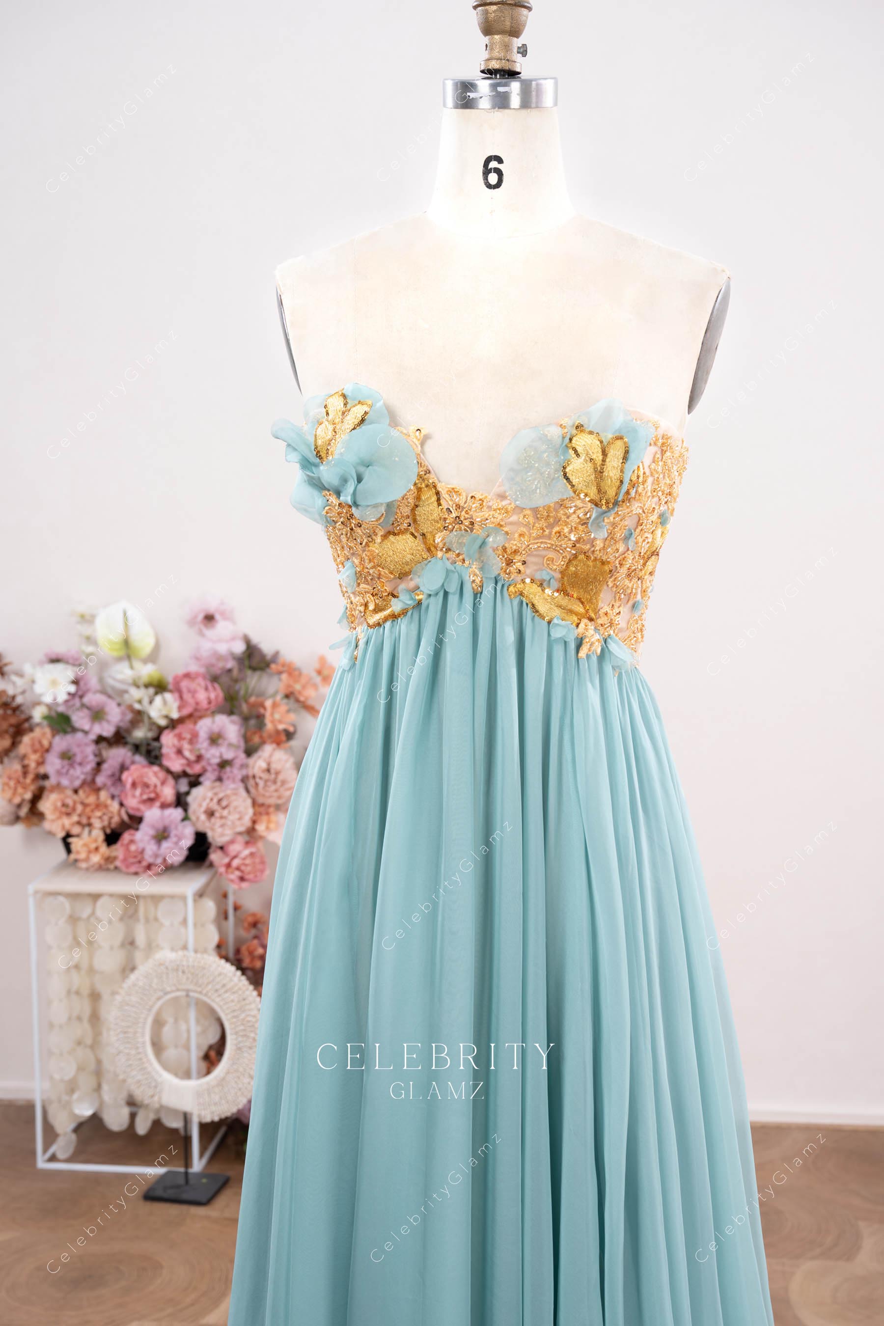ice blue strapless formal dress 